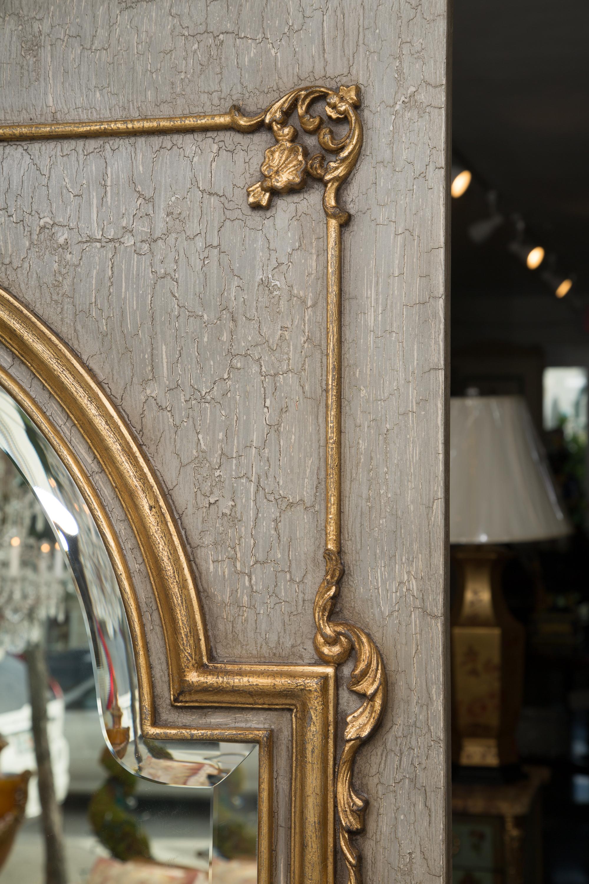 Woodwork French Trumeau Mirror with Crackled Finish and Gilt Highlights