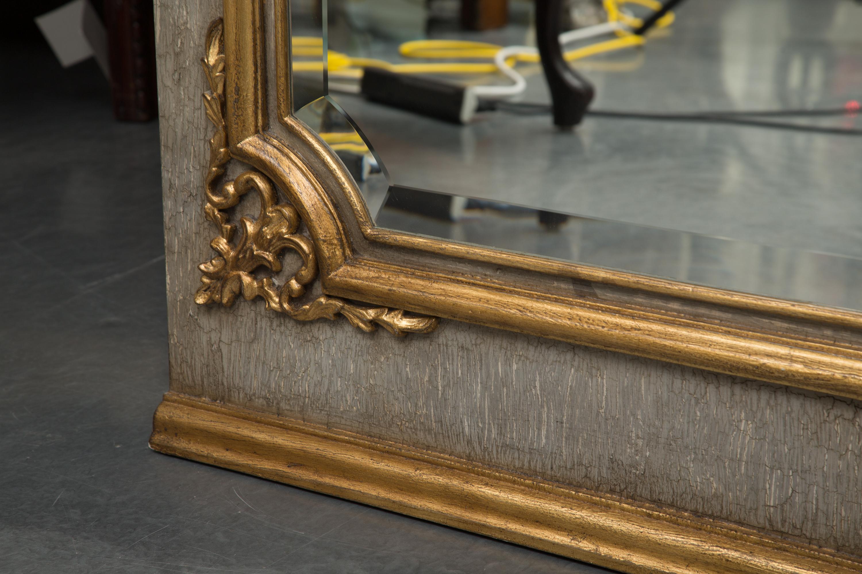 French Trumeau Mirror with Crackled Finish and Gilt Highlights In Good Condition In WEST PALM BEACH, FL