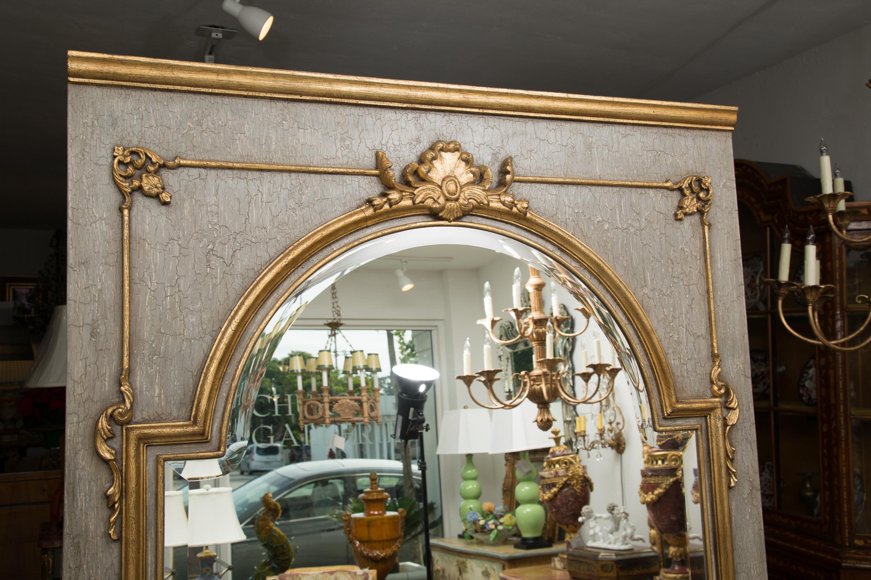 Wood French Trumeau Mirror with Crackled Finish and Gilt Highlights