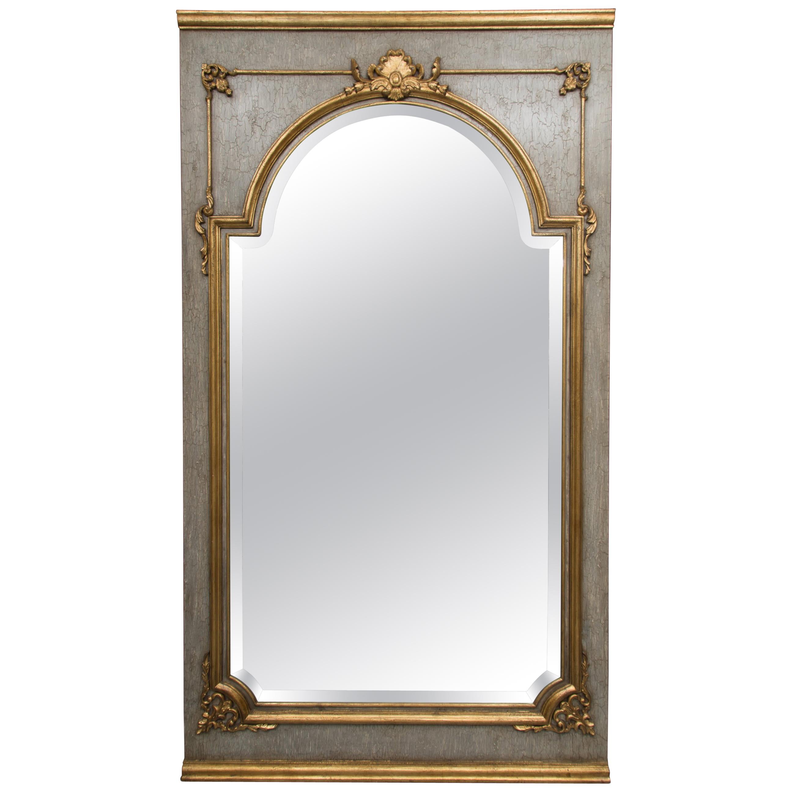French Trumeau Mirror with Crackled Finish and Gilt Highlights