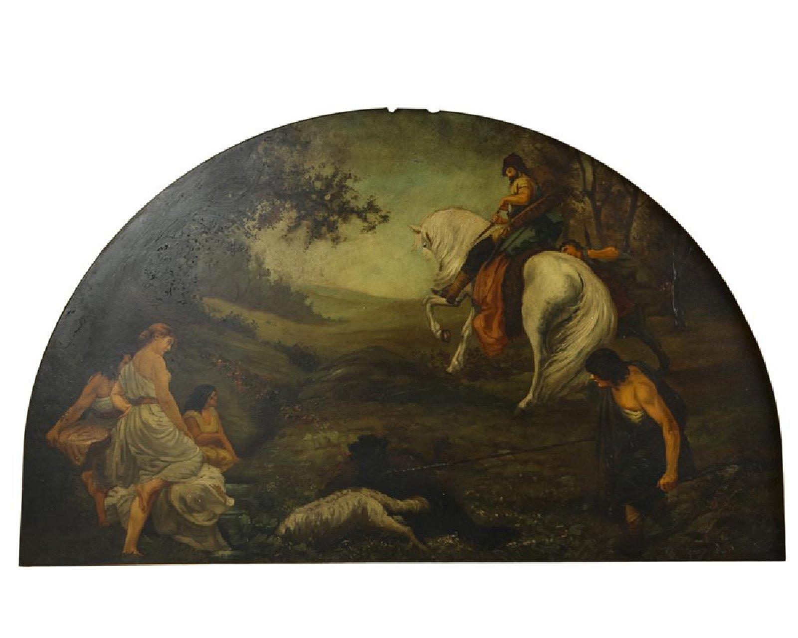 Gesso French Trumeau Mirror with Demi Lune Painting, 19th Century For Sale
