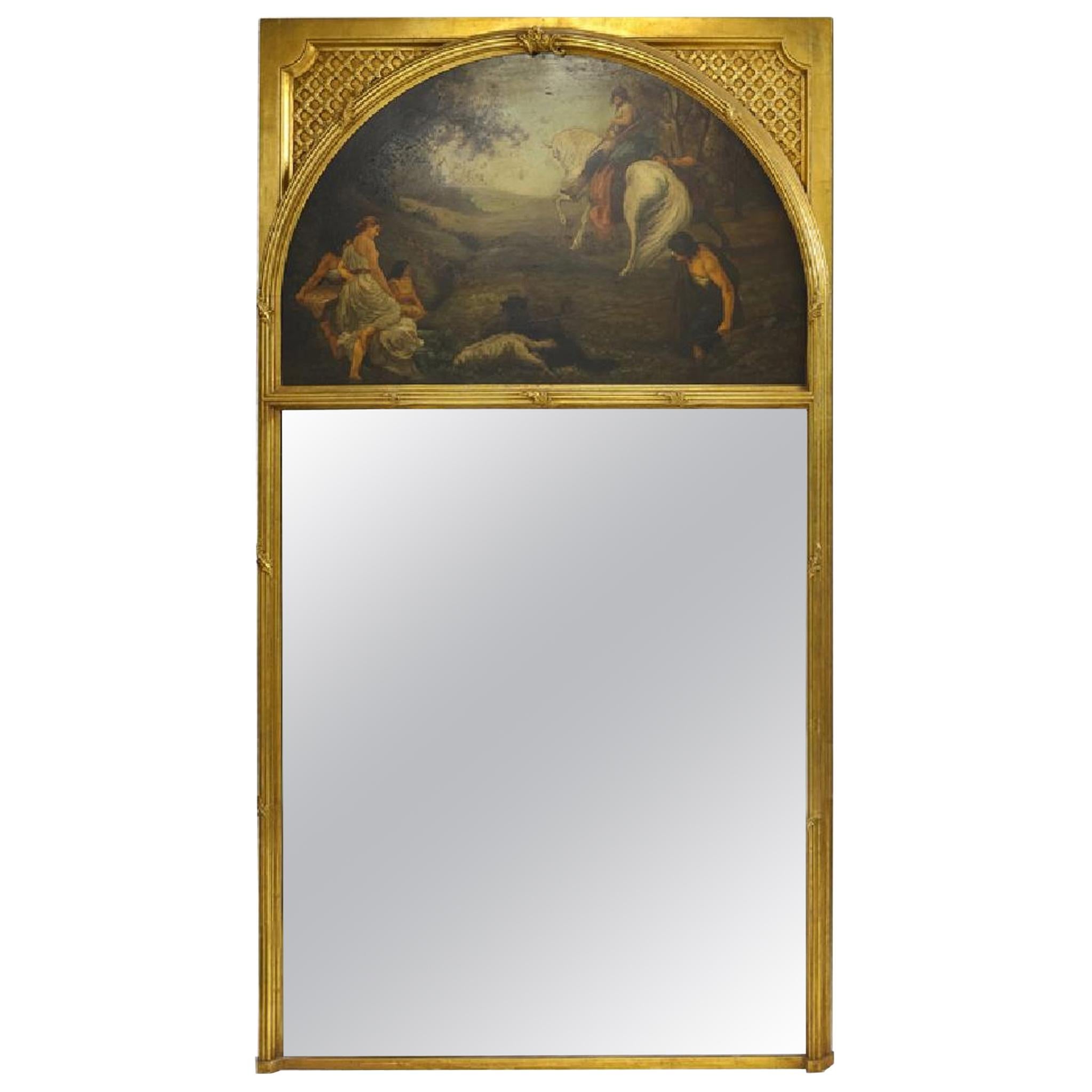 French Trumeau Mirror with Demi Lune Painting, 19th Century