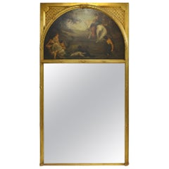 Antique French Trumeau Mirror with Demi Lune Painting, 19th Century