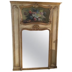 French Trumeau Mirror with Floral Oil Paint and Gilt Moldinga