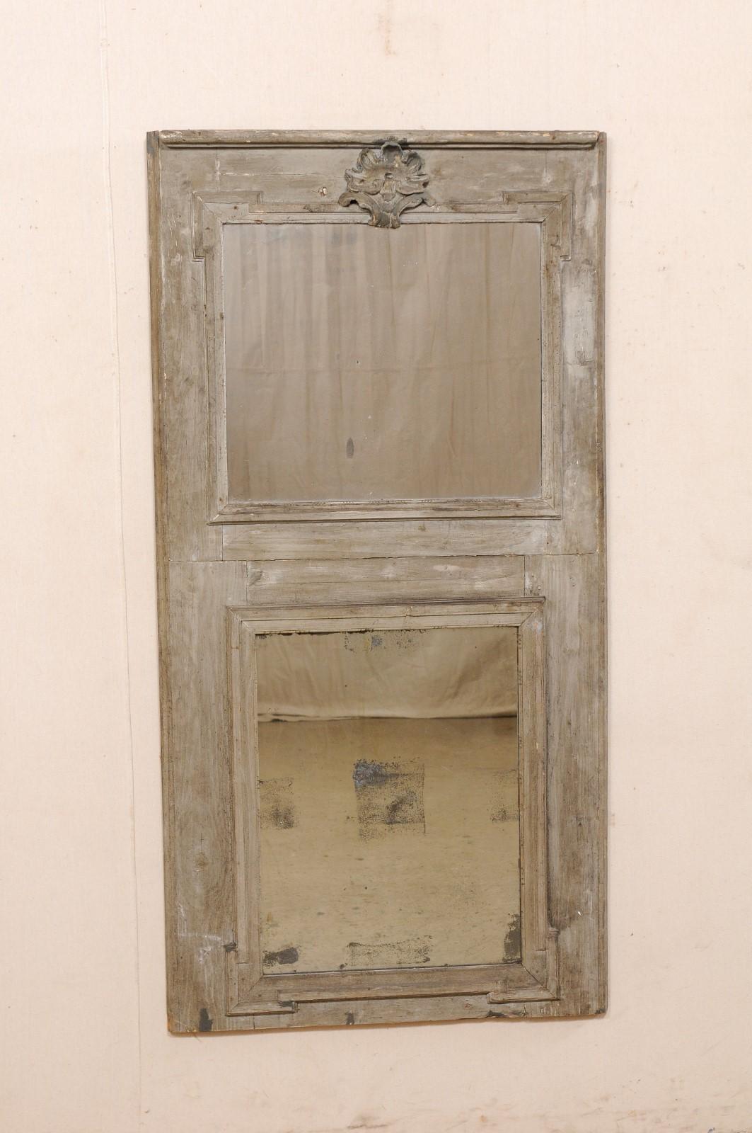 French Trumeau Mirror with its Original Grey Finish & Mirrors, 19th Century In Good Condition For Sale In Atlanta, GA