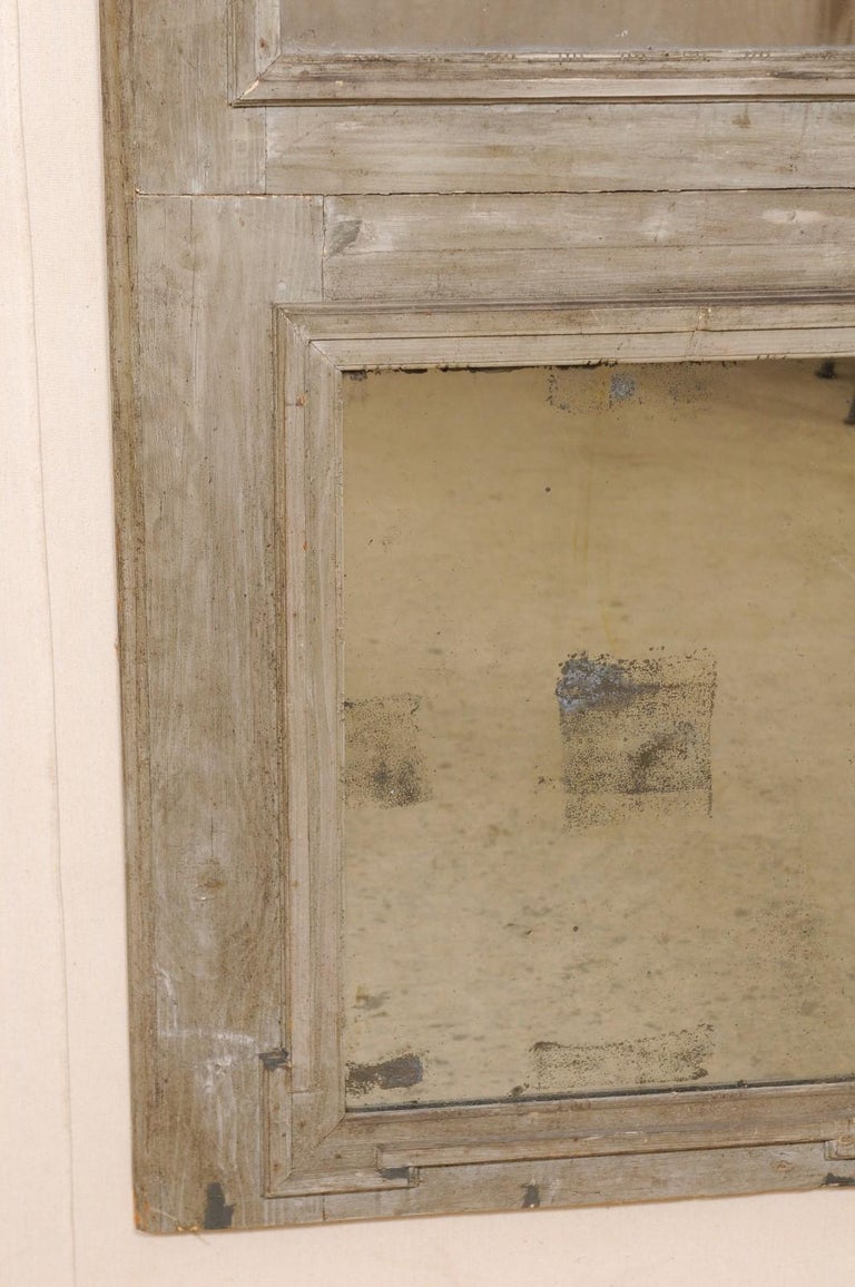 French Trumeau Mirror with its Original Grey Finish and Mirrors, 19th