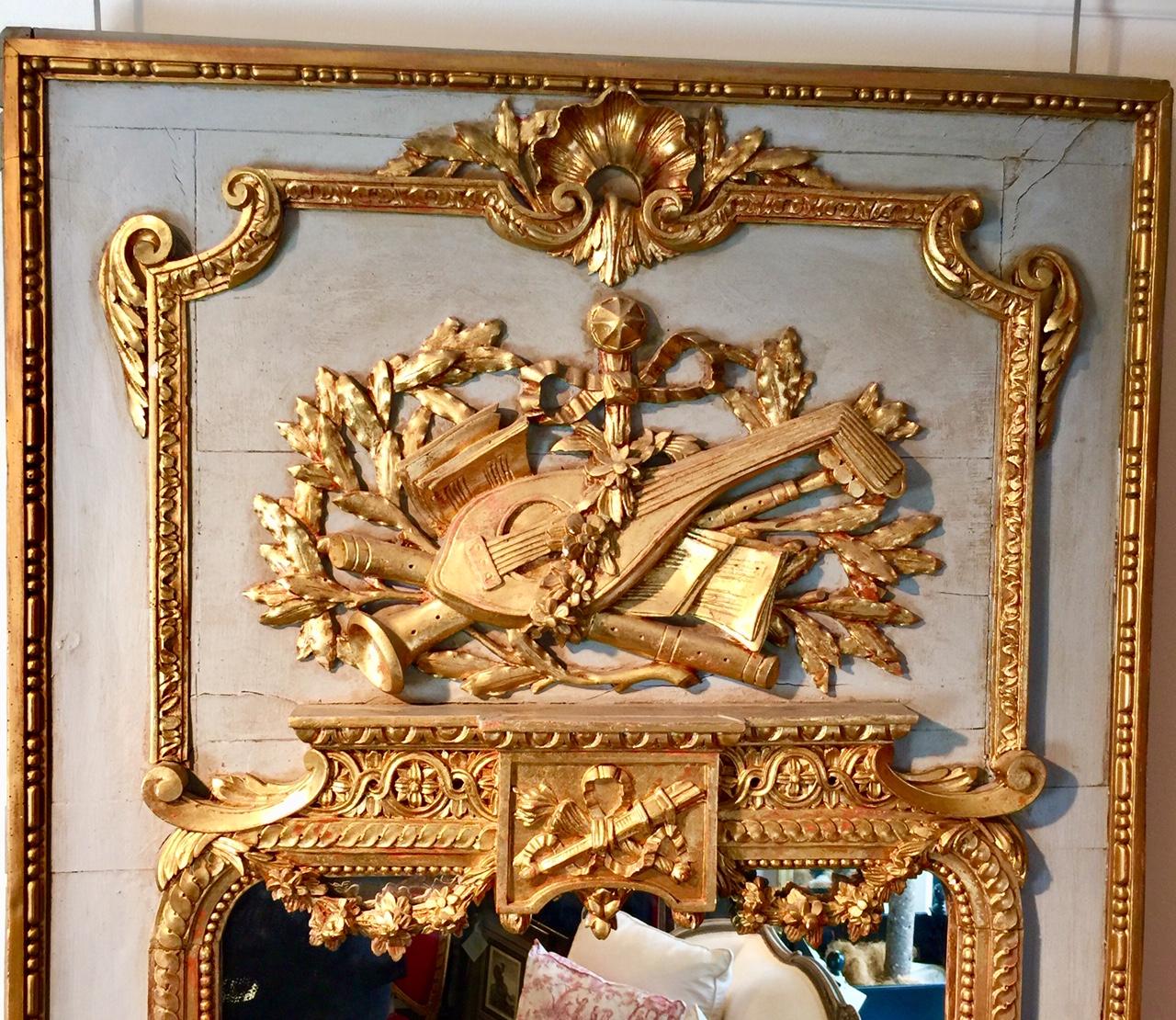 Gilt French Trumeau Mirror with Musical Instruments