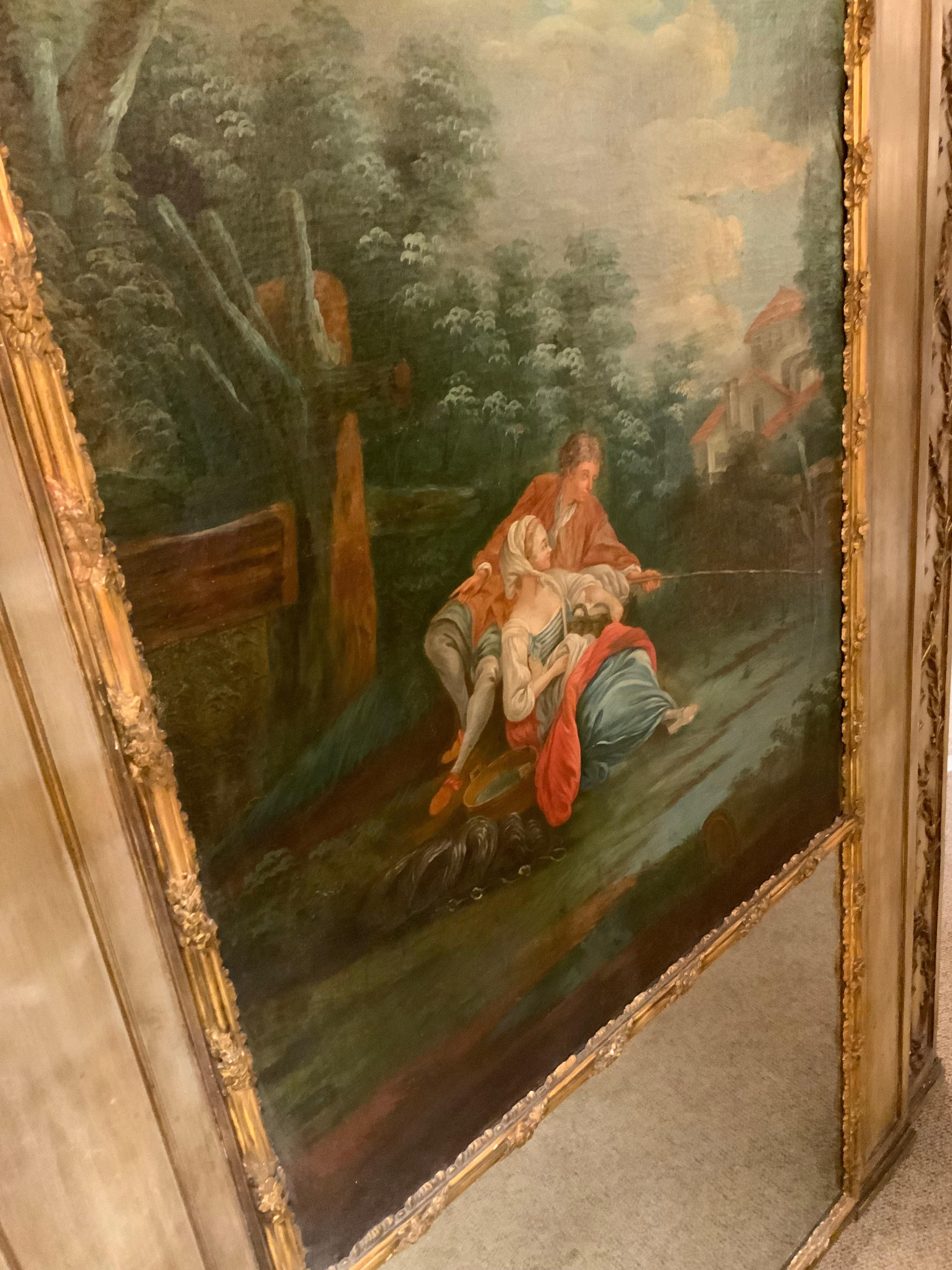 The exquisite combination of color that was used makes
This trumeau special. The neoclassical couple is fishing
By a lake . The wood is painted in a antique French green
And highlighted in a gilt design surrounding the entirety.
