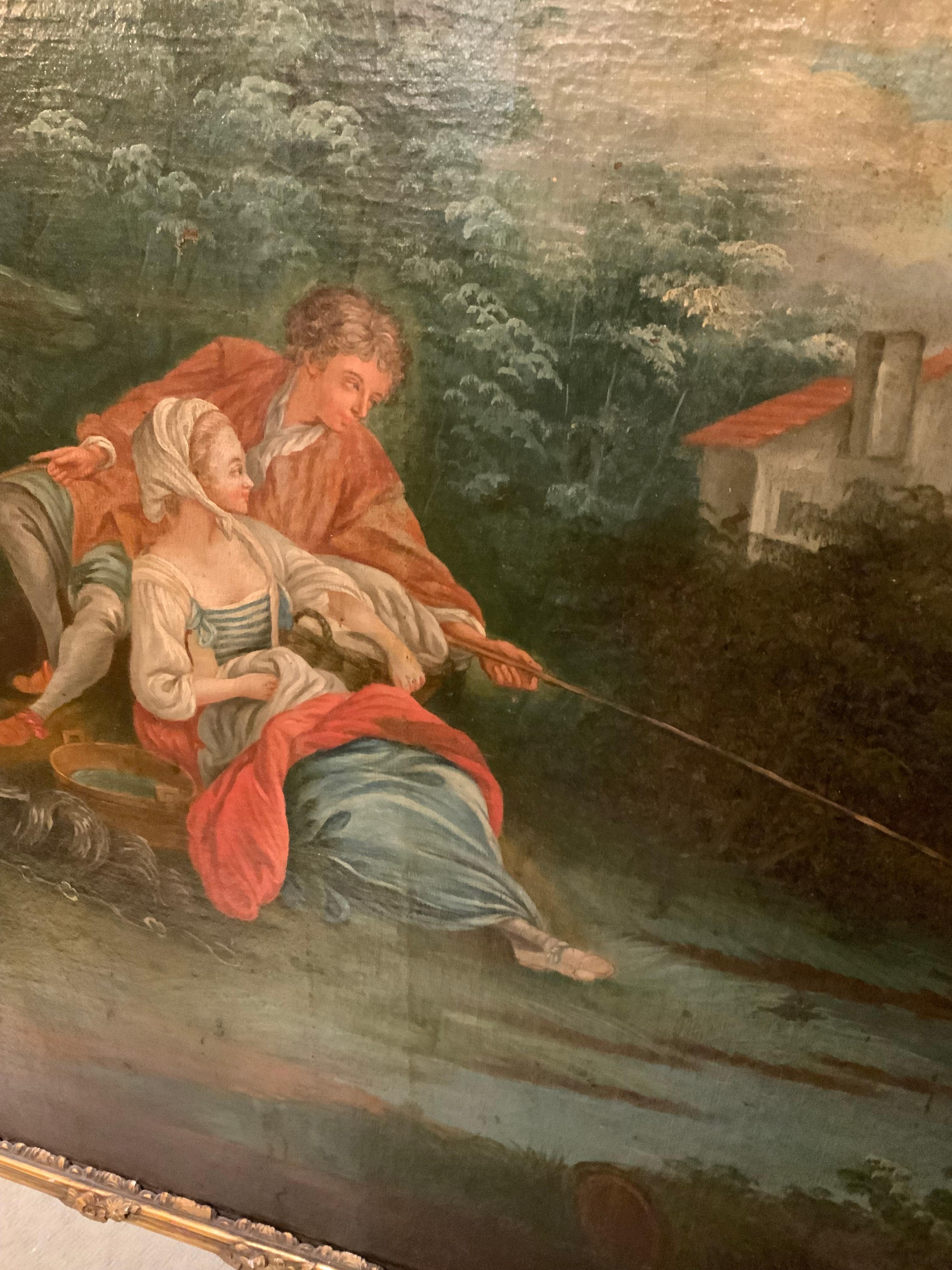 Hand-Painted French trumeau mirror with neoclassical couple painting For Sale