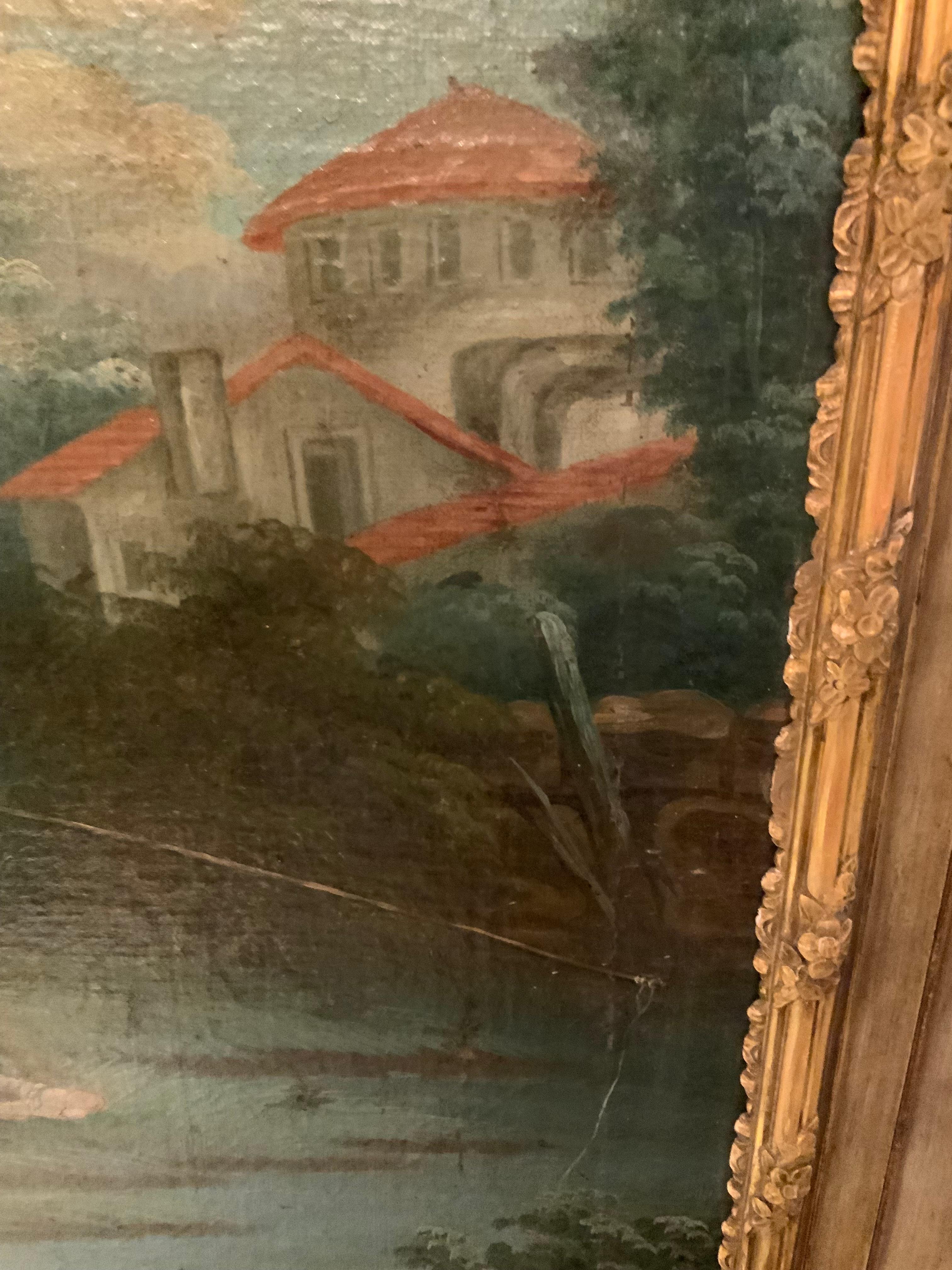 French trumeau mirror with neoclassical couple painting In Excellent Condition For Sale In Houston, TX