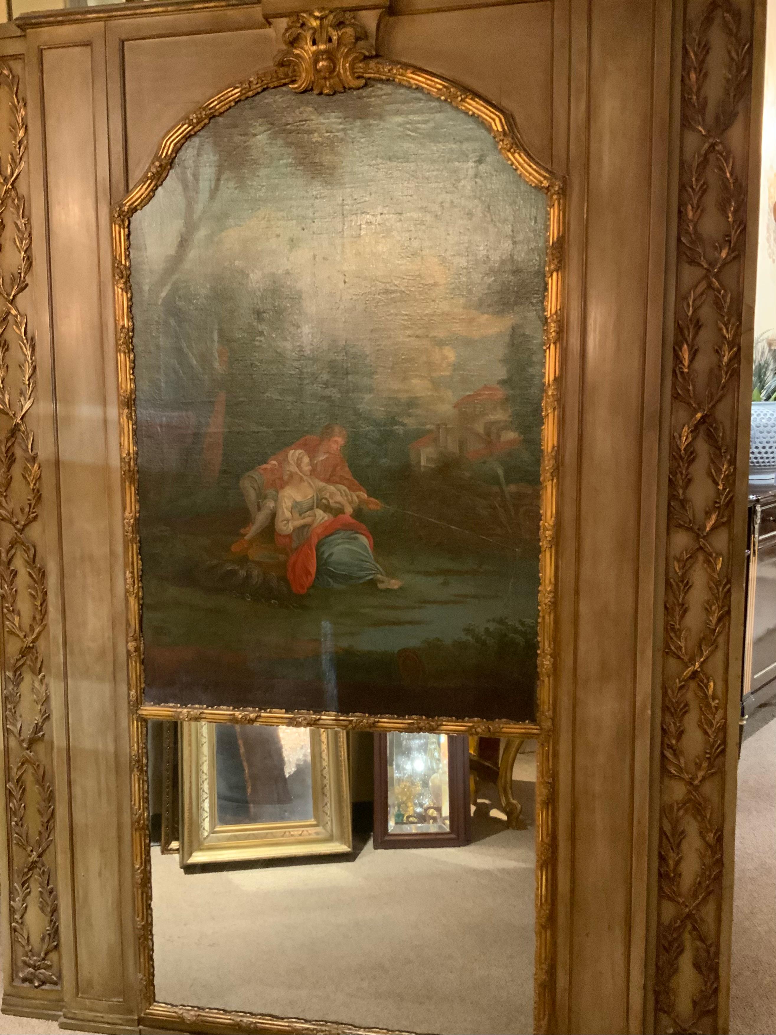 19th Century French trumeau mirror with neoclassical couple painting For Sale