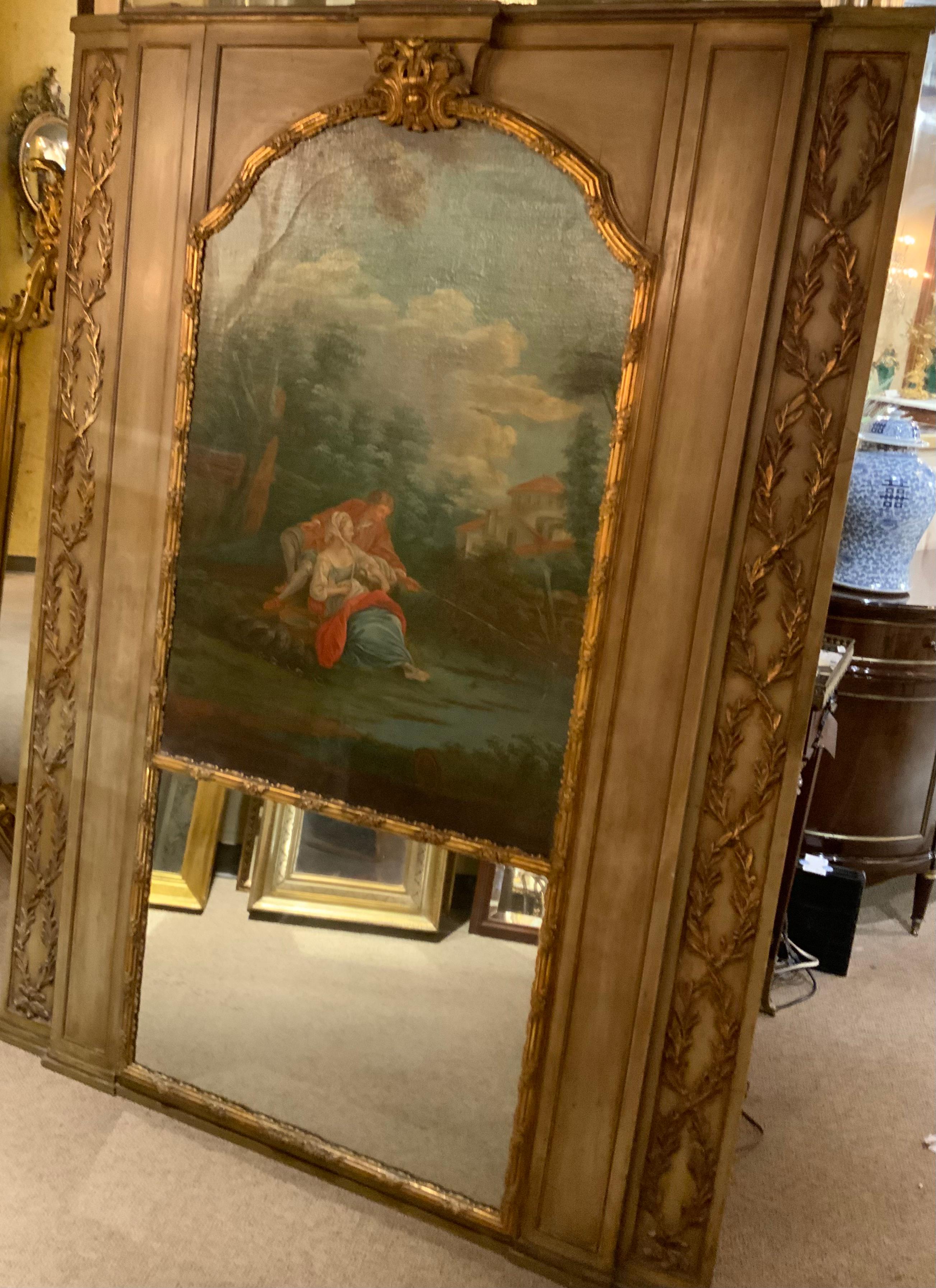 Mirror French trumeau mirror with neoclassical couple painting For Sale