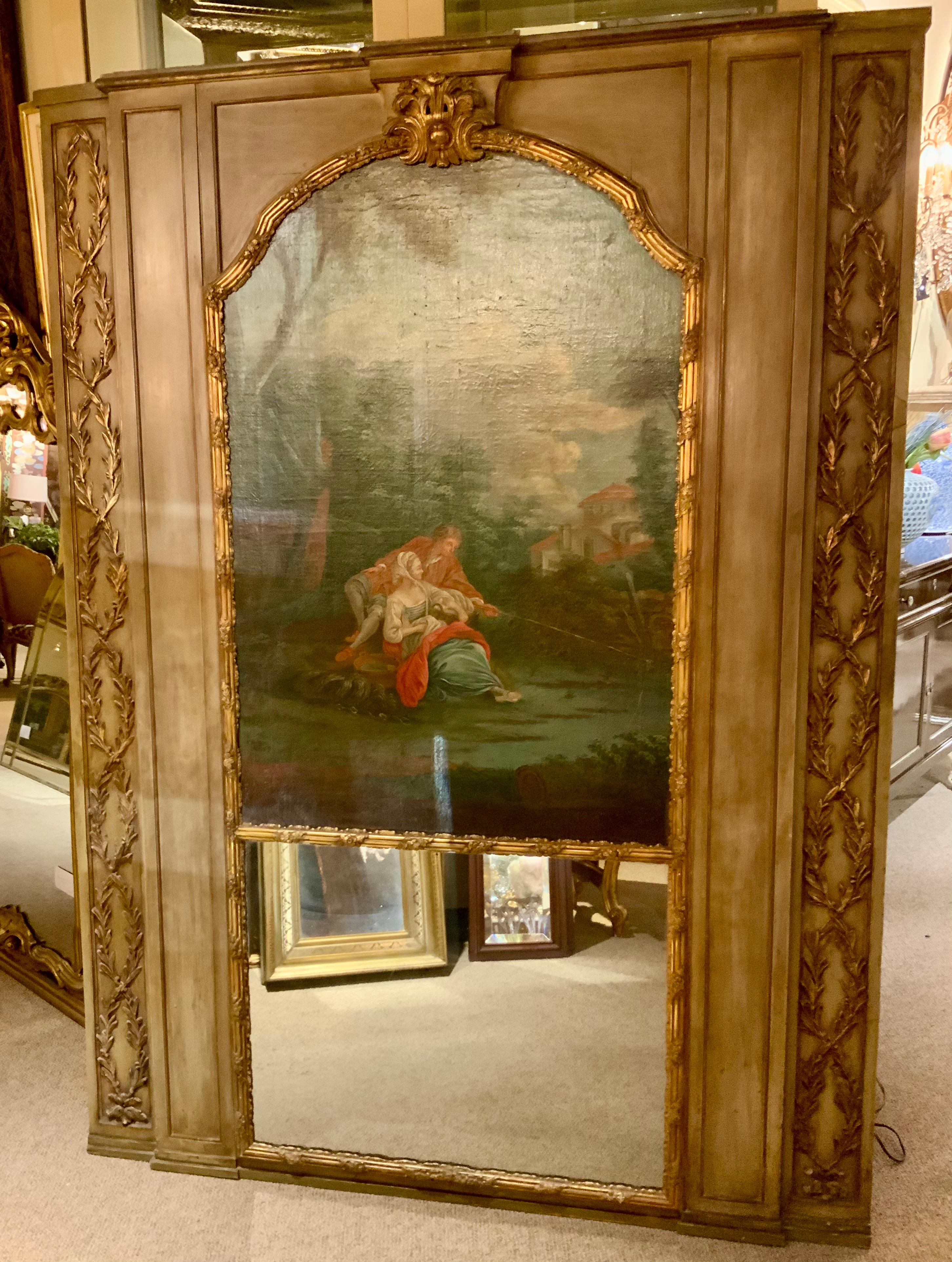 French trumeau mirror with neoclassical couple painting For Sale 2