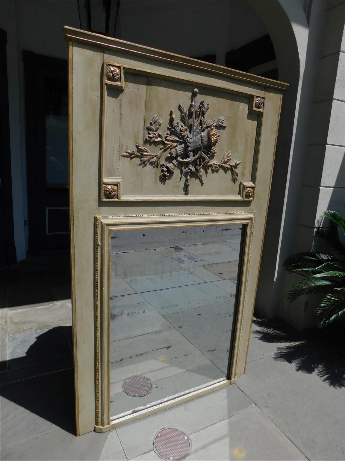 Hand-Carved French Trumeau Painted and Gilt Wood Torchiere Foliage Wall Mirror, circa 1780 For Sale