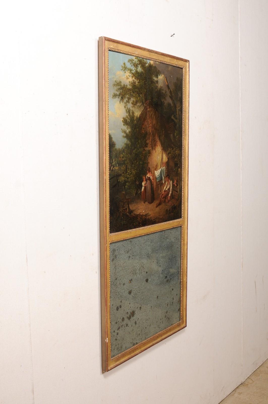 French Trumeau Style Gilt Mirror w/Homestead Scene Oil Painting in Upper Panel For Sale 6