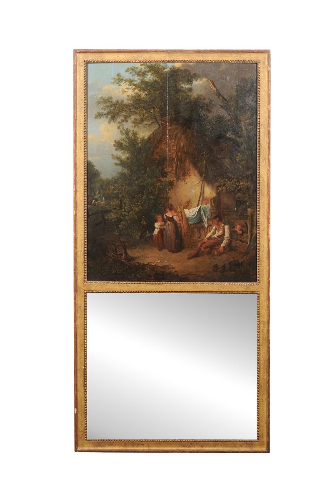 A French trumeau style mirror, with oil painting at top, from the mid 20th century. This vintage pier mirror from France features an artisan painted oil painting which depicts a family homestead, framed within the upper section of this