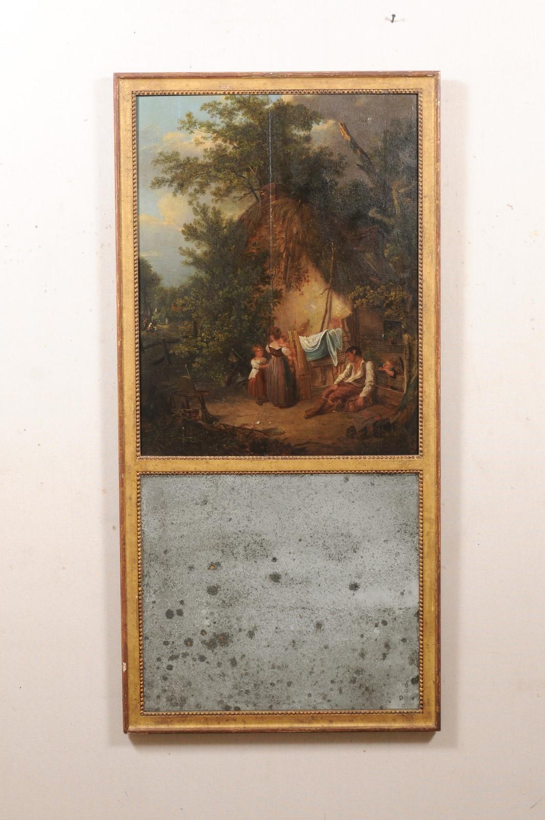 French Trumeau Style Gilt Mirror w/Homestead Scene Oil Painting in Upper Panel In Good Condition For Sale In Atlanta, GA