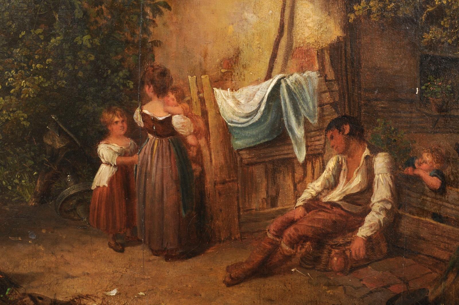 Specchio dorato in stile Trumeau francese con dipinto a olio di scena di fattoria nel pannello superiore in vendita 2