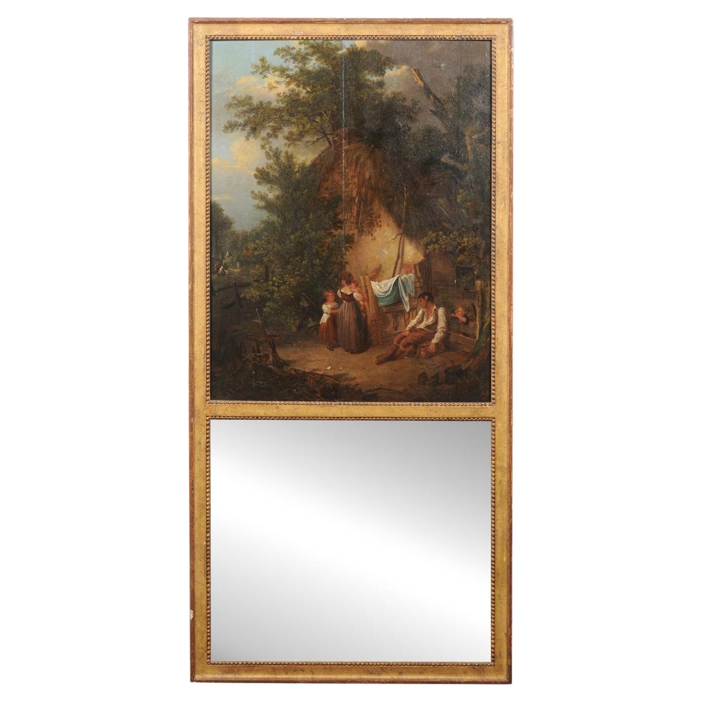 Miroir doré de style Trumeau avec peinture à l'huile d'une scène de ferme sur un panneau supérieur