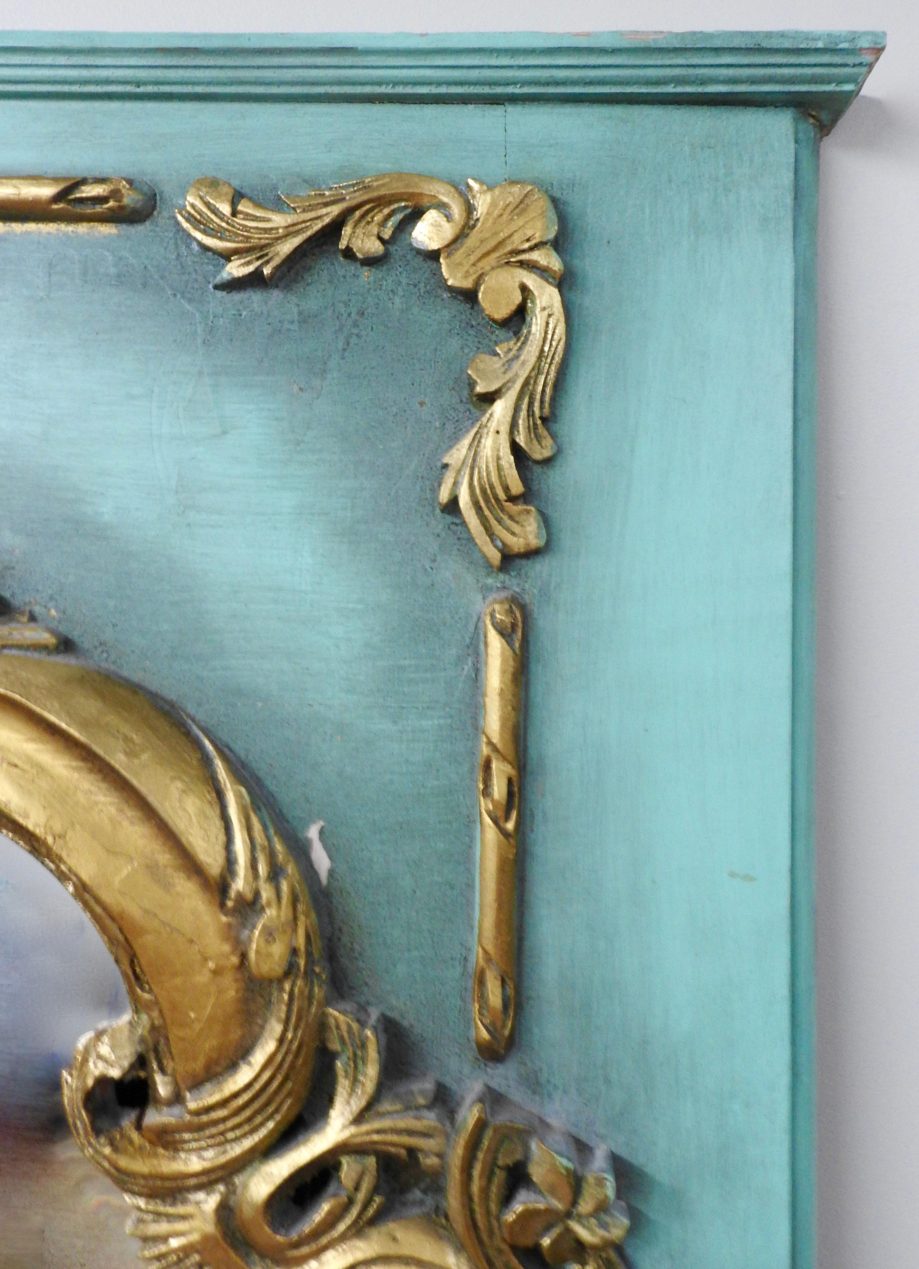 Offering the beautiful Turquoise Trumeau style mirror. Gilded wood outlining the mirror, and has been touched up some.