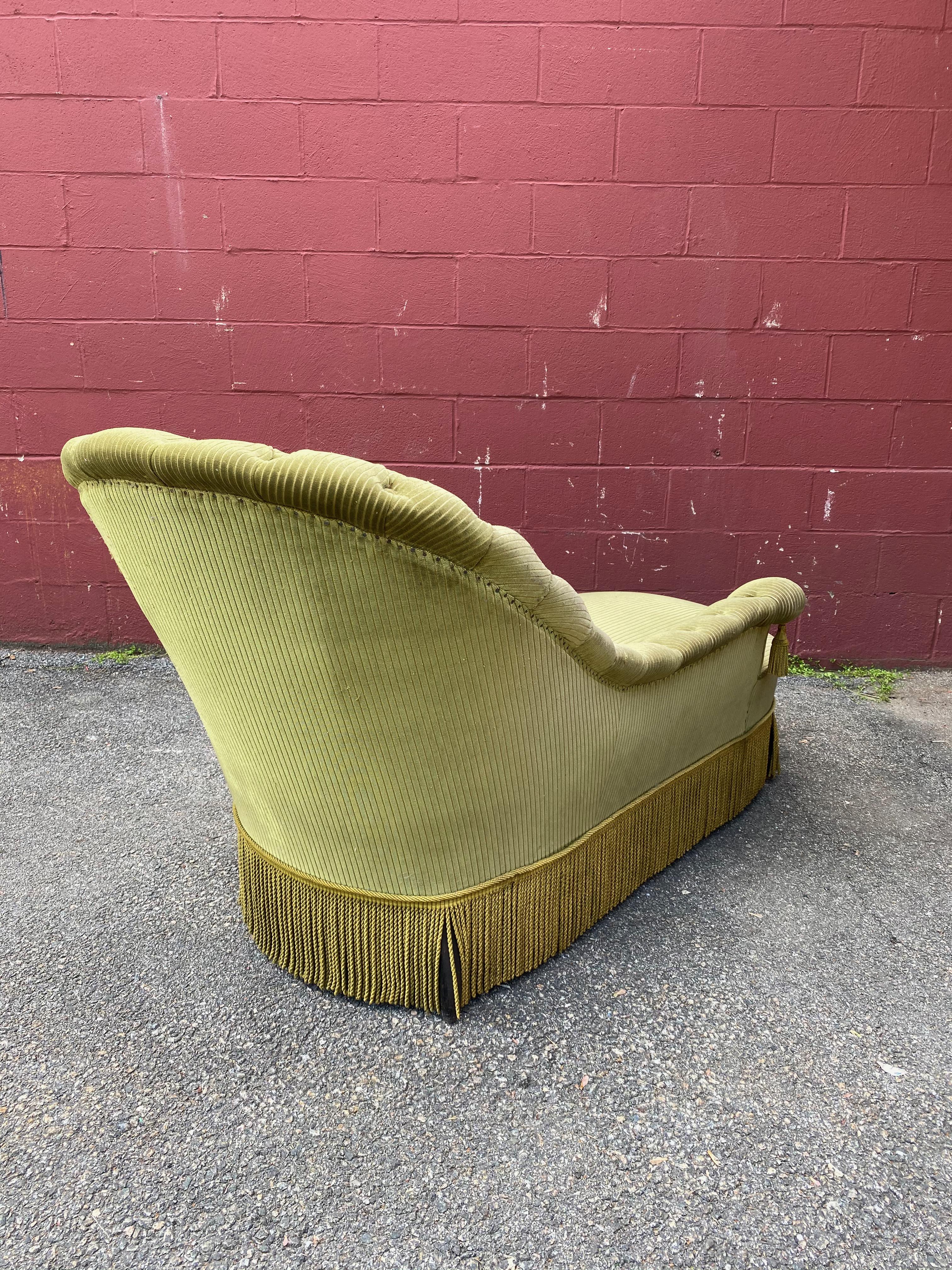 French Tufted Asymmetrical Chaise in Green Velvet 6
