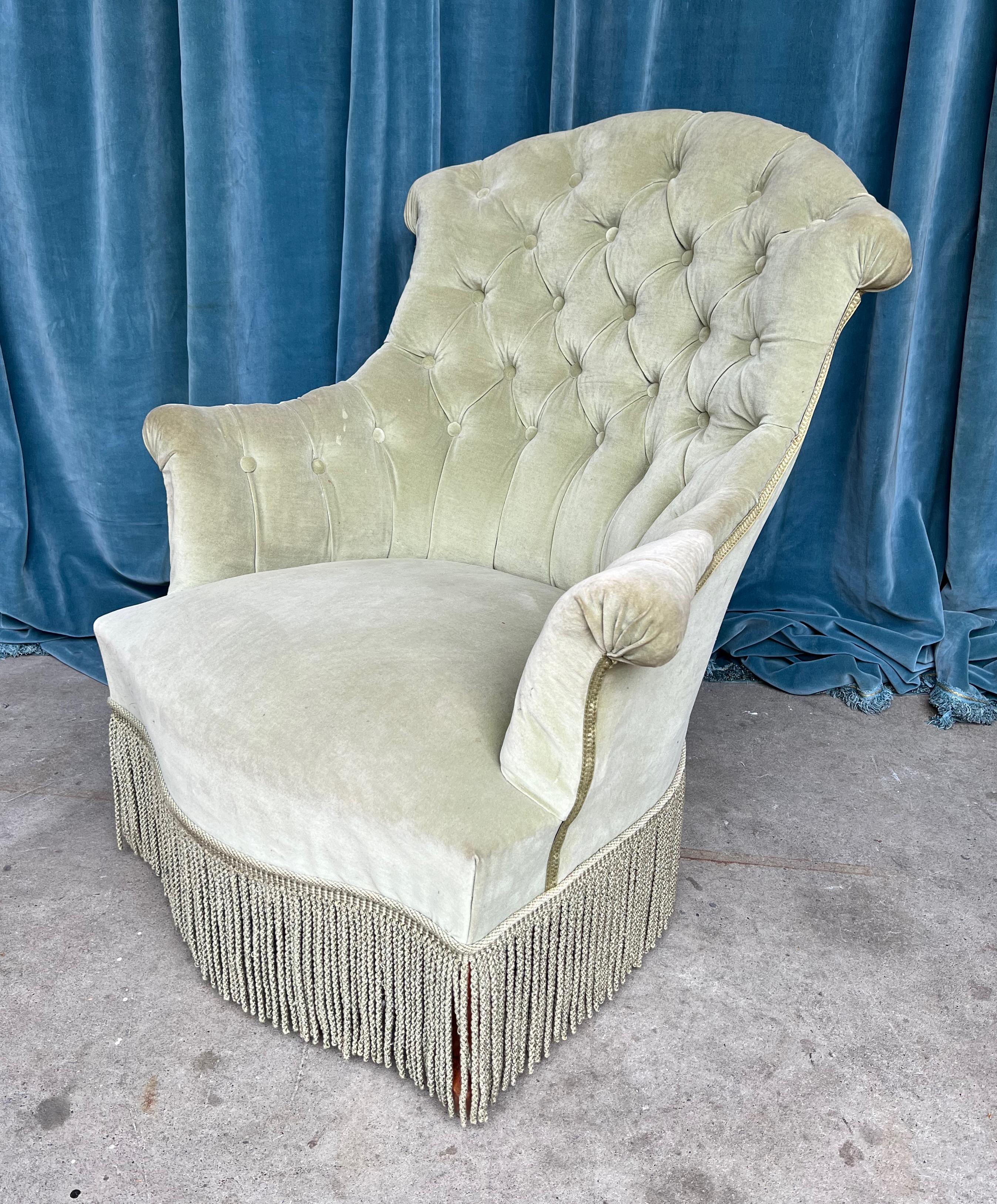 19th Century French Tufted Napoleon III Armchair in Sage Green Velvet
