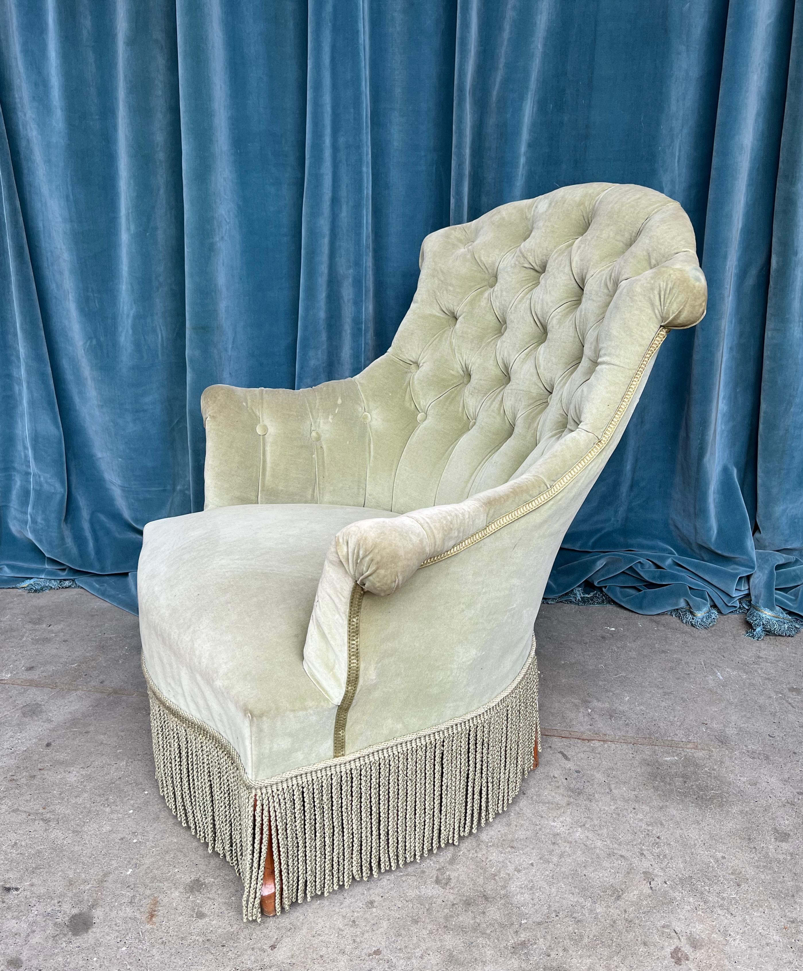 Fabric French Tufted Napoleon III Armchair in Sage Green Velvet