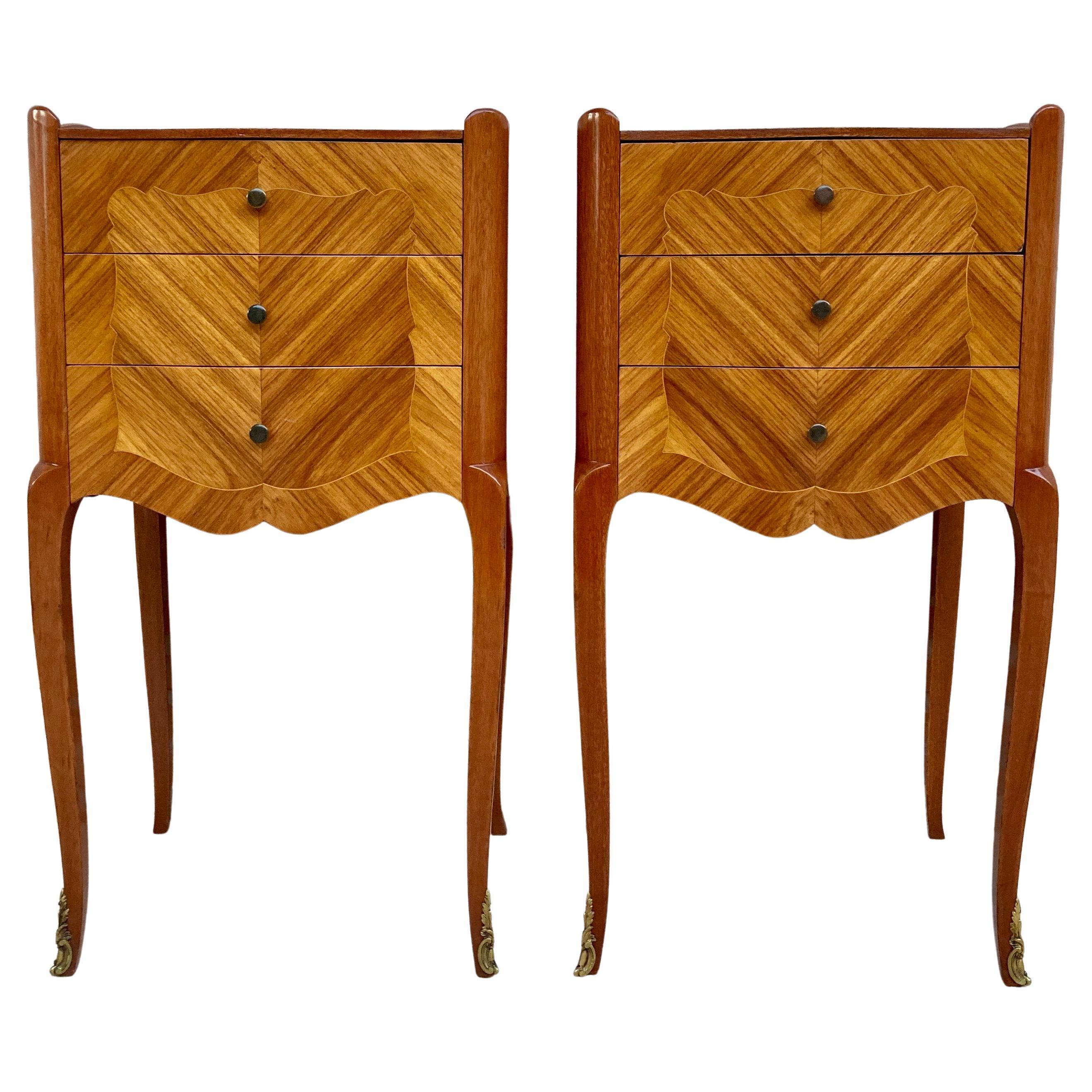 French Tulipwood Bedside Tables with Three Drawers, Set of 2