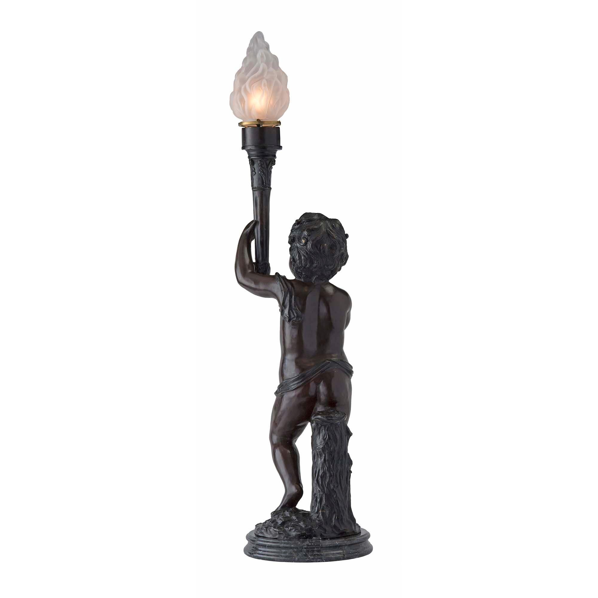 A pair of very attractive French turn of the 20th century patinated bronze statues of a young boy and girl mounted into lamps, signed Moreau. Each lamp is raised on a circular moulded marble base. The statues are set on a terrain design with one arm