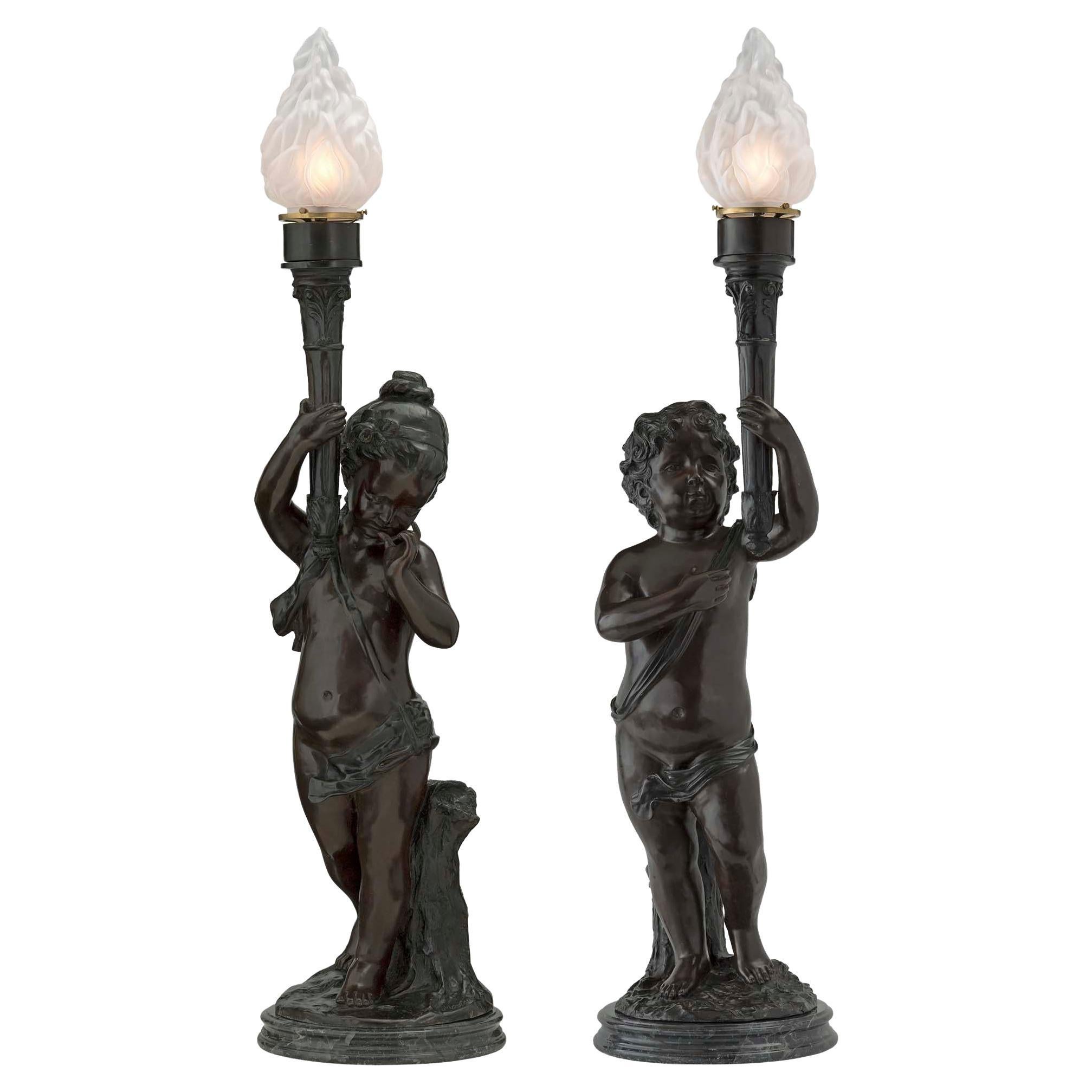 French Turn of the 20th Century Bronze Statues Mounted into Lamps, Signed Moreau