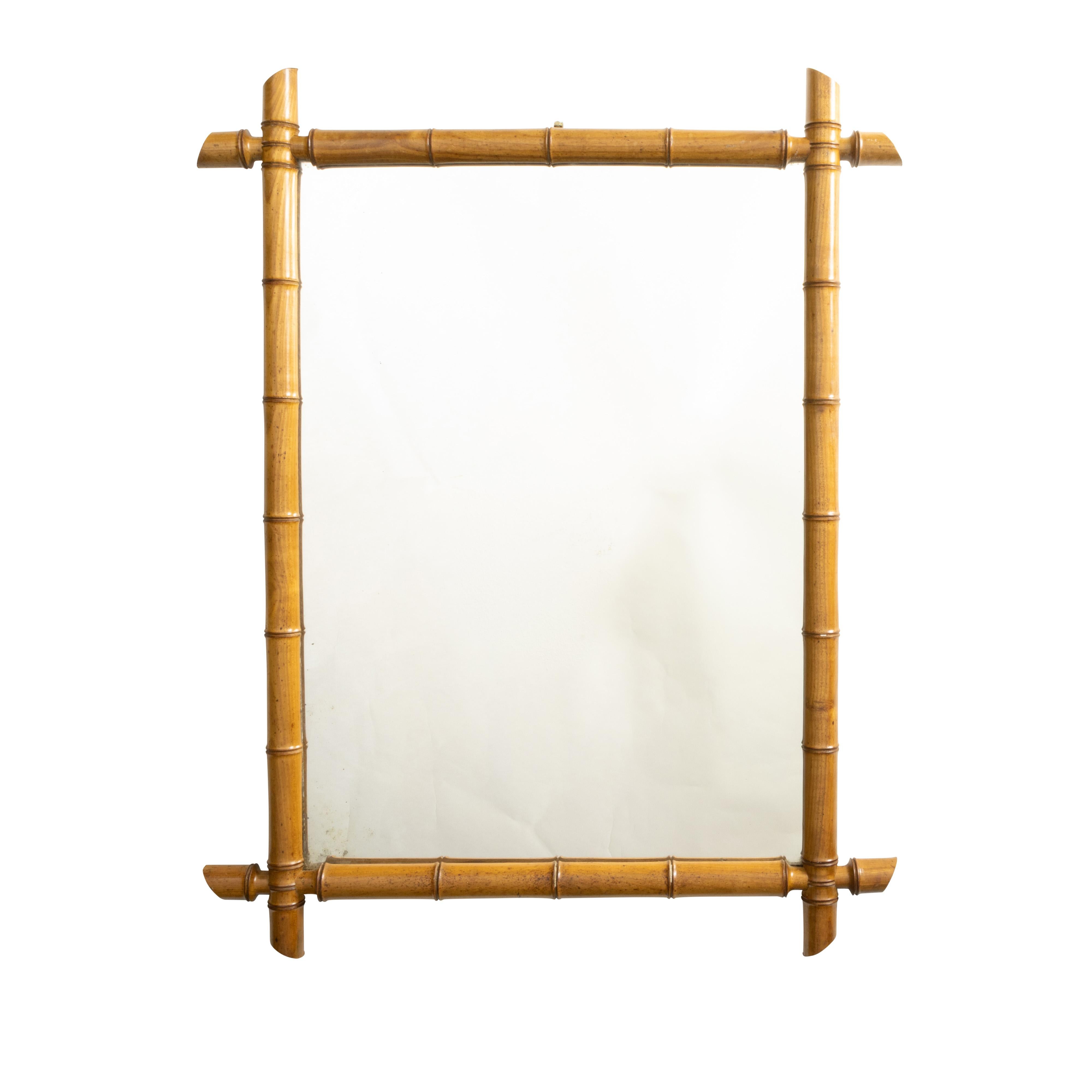 French Turn of the Century 1900s Faux Bamboo Mirror with Light Brown Patina For Sale
