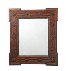 French Turn of the Century 1900s Tramp Art Mirror with Raised Geometric Motifs