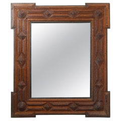 French Turn of the Century 1900s Tramp Art Mirror with Raised Geometric Motifs