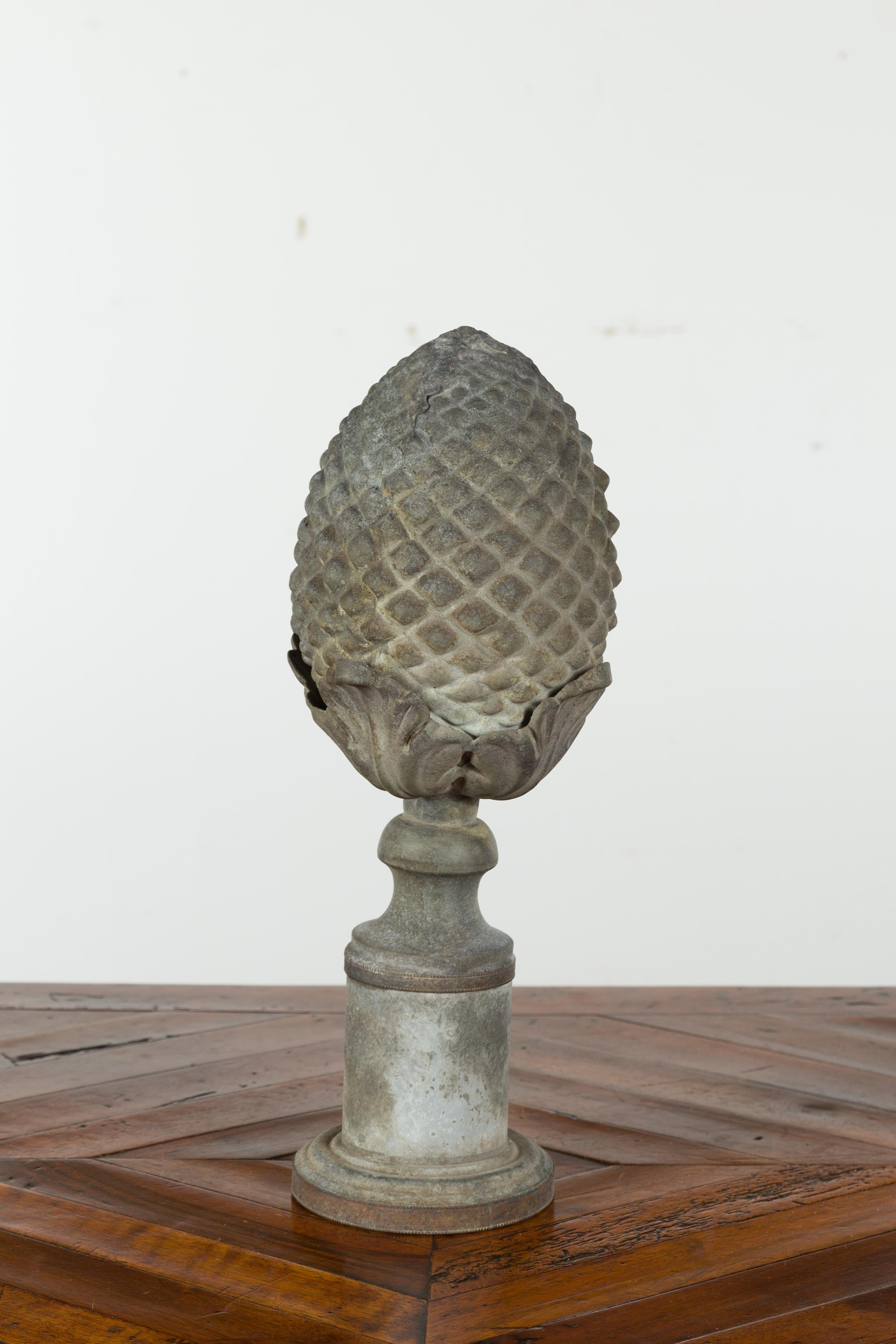 French Turn of the Century 1900s Zinc Pinecone Fragment with Acanthus Leaves For Sale 3