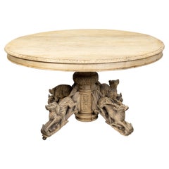 Antique French Turn of the Century Bleached Oak Dining Table with Carved Animals, 1900s