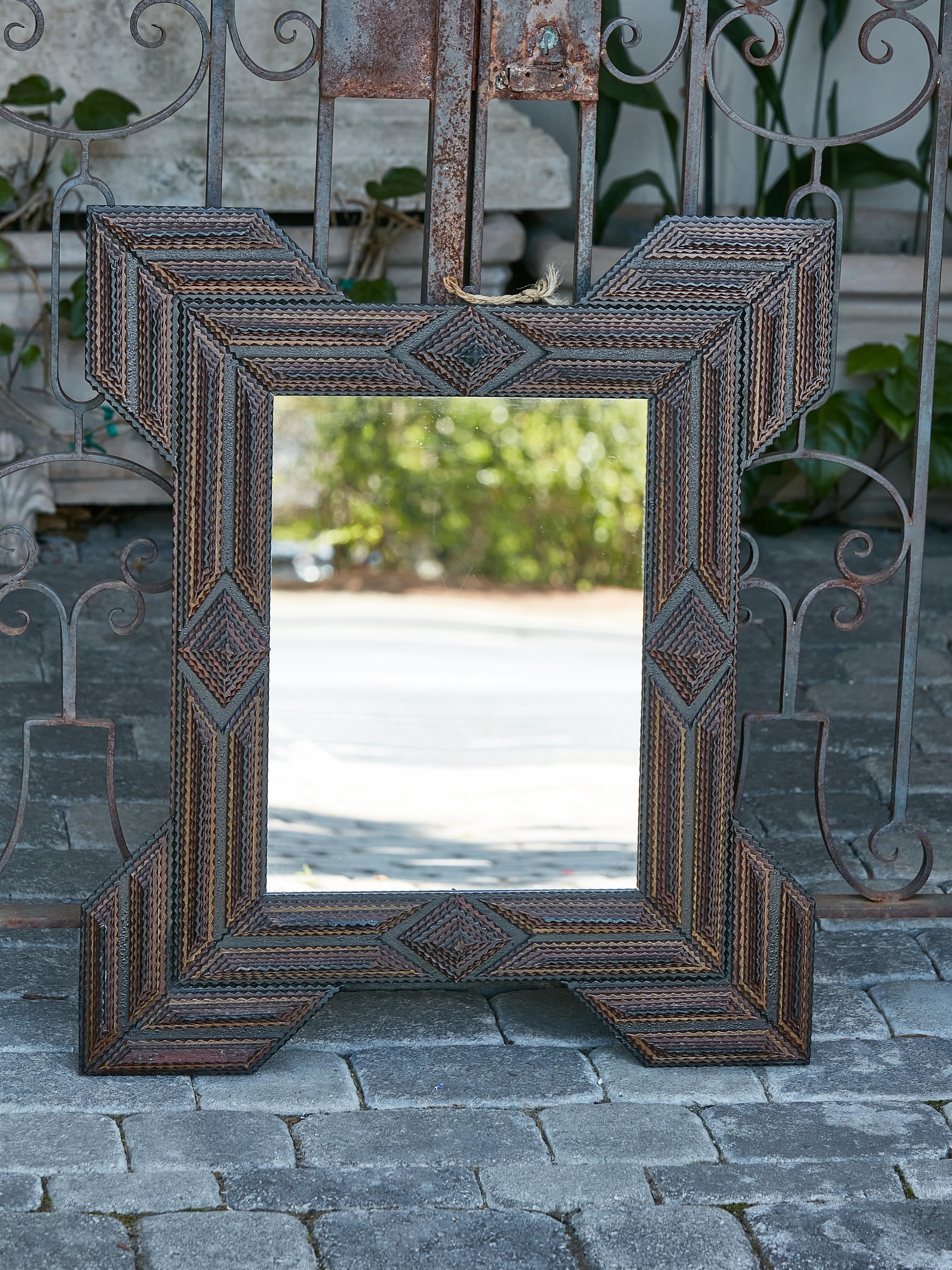 Folk Art French Turn of the Century Brown and Black Tramp Art Hand-Carved Folk Mirror For Sale