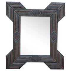 French Turn of the Century Brown and Black Tramp Art Hand-Carved Folk Mirror