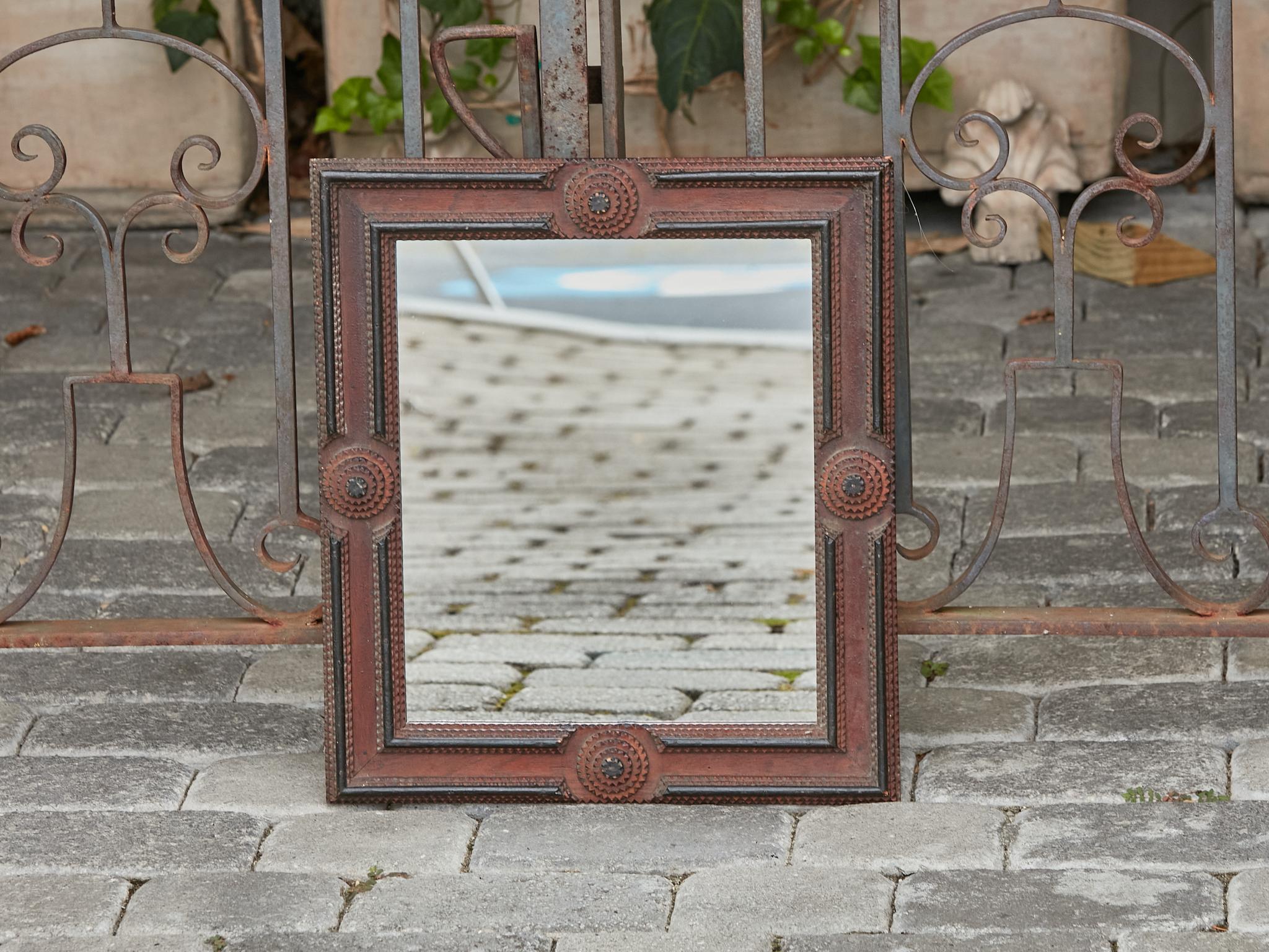 Folk Art French Turn of the Century Brown and Black Tramp Art Mirror with Medallions For Sale