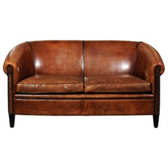 French Turn of the Century Brown Leather Sofa with Nailhead Trim, circa 1900