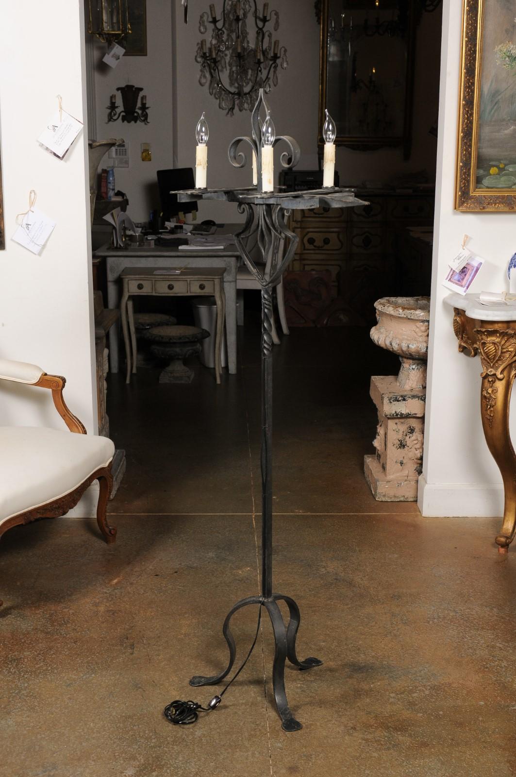 French Turn of the Century Candelabras Style Four-Light Wrought-Iron Floor Lamp For Sale 5