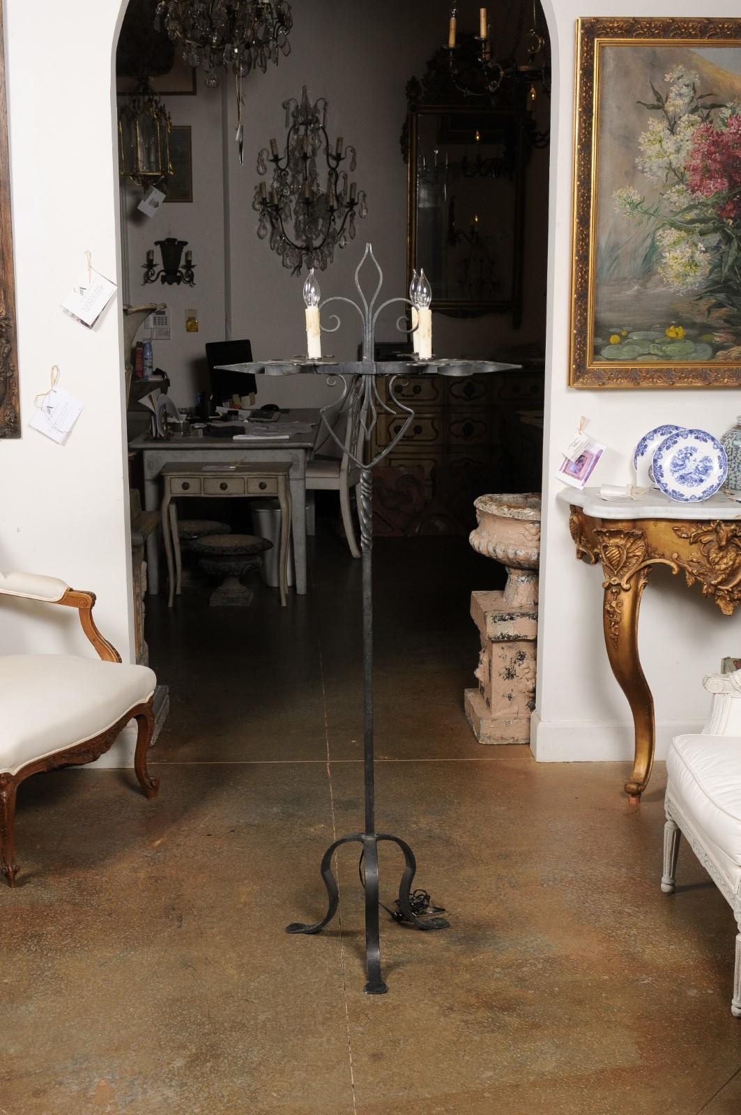French Turn of the Century Candelabras Style Four-Light Wrought-Iron Floor Lamp For Sale 8