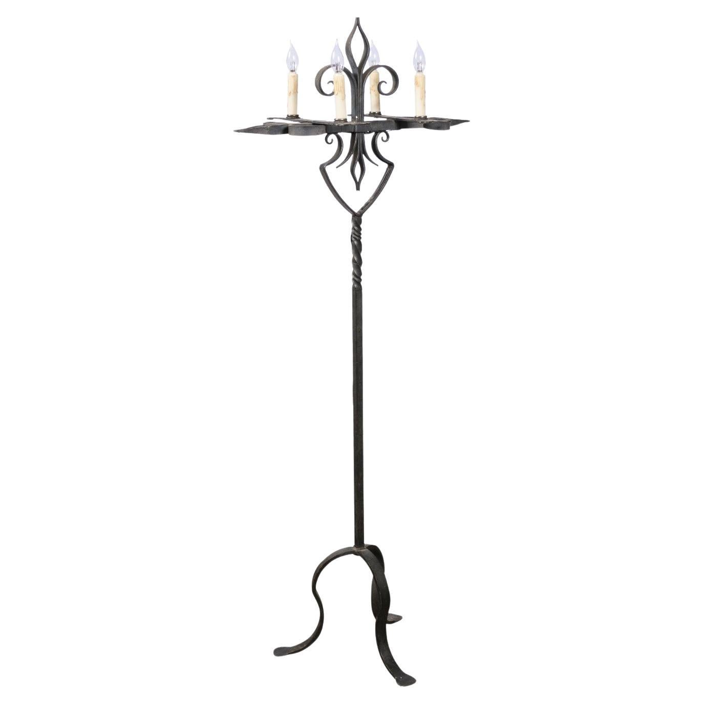 French Turn of the Century Candelabras Style Four-Light Wrought-Iron Floor Lamp For Sale