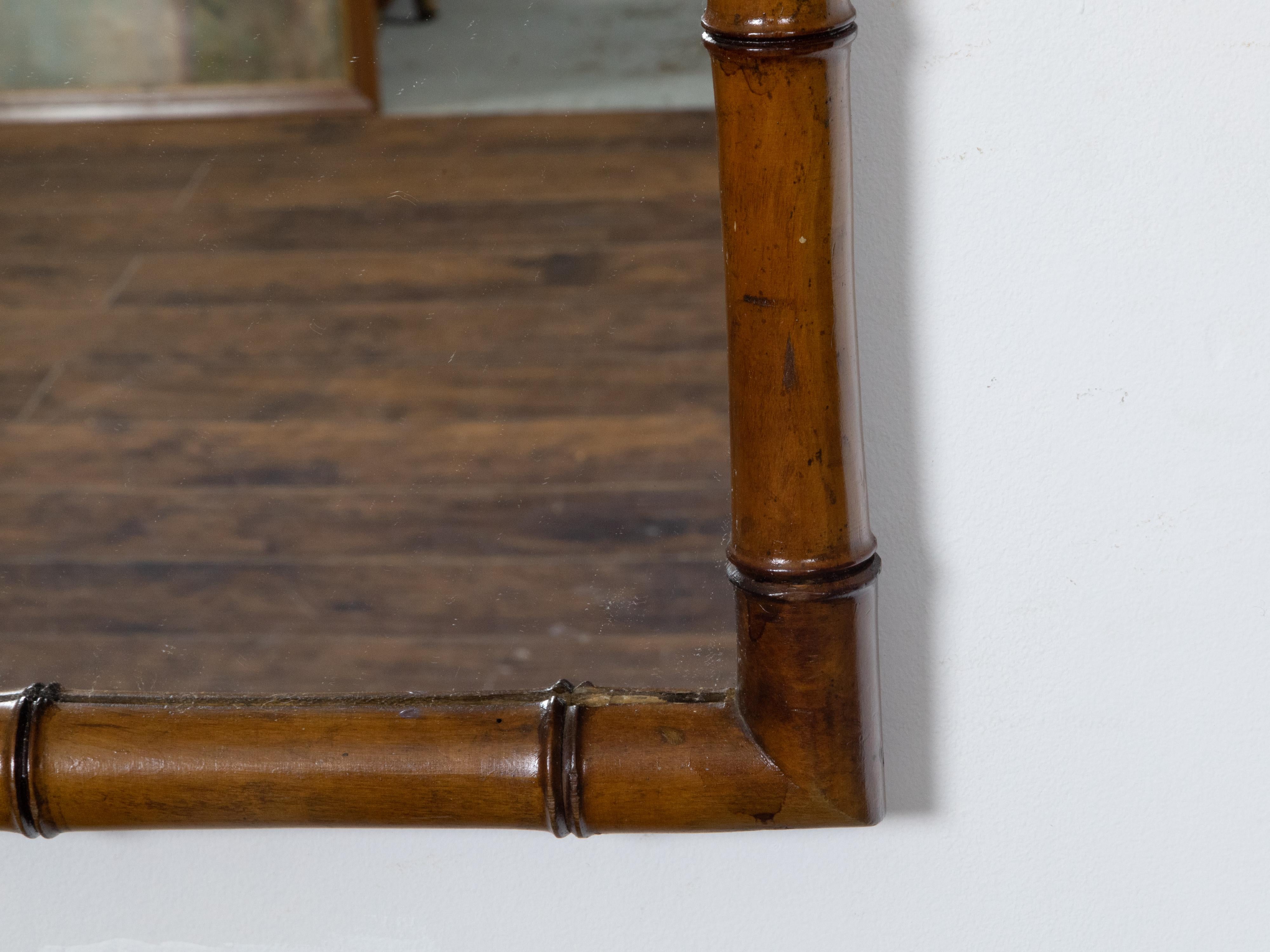 Carved French Turn of the Century Faux Bamboo Brown Mirror with Clean Lines, circa 1900