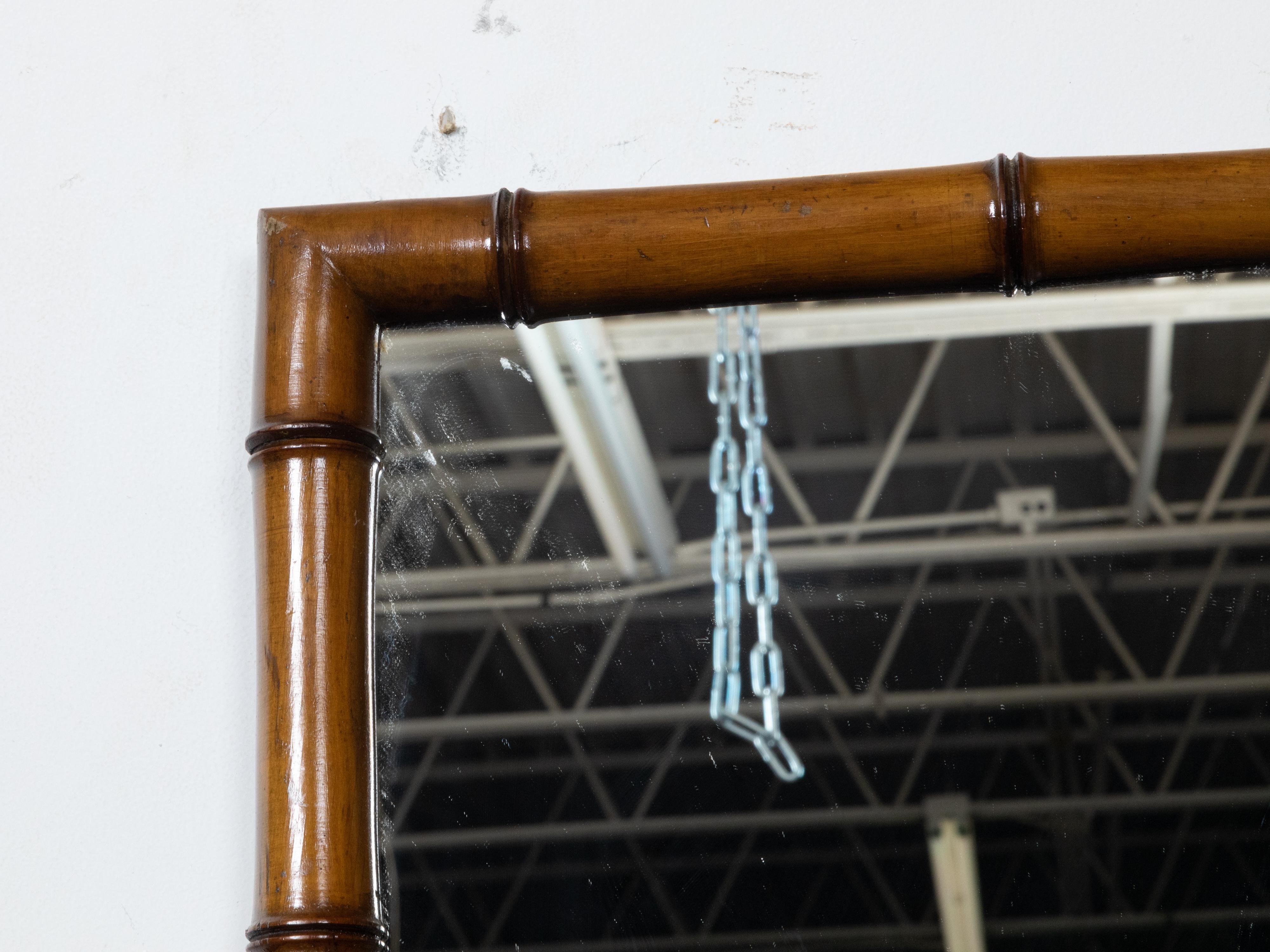 20th Century French Turn of the Century Faux Bamboo Brown Mirror with Clean Lines, circa 1900