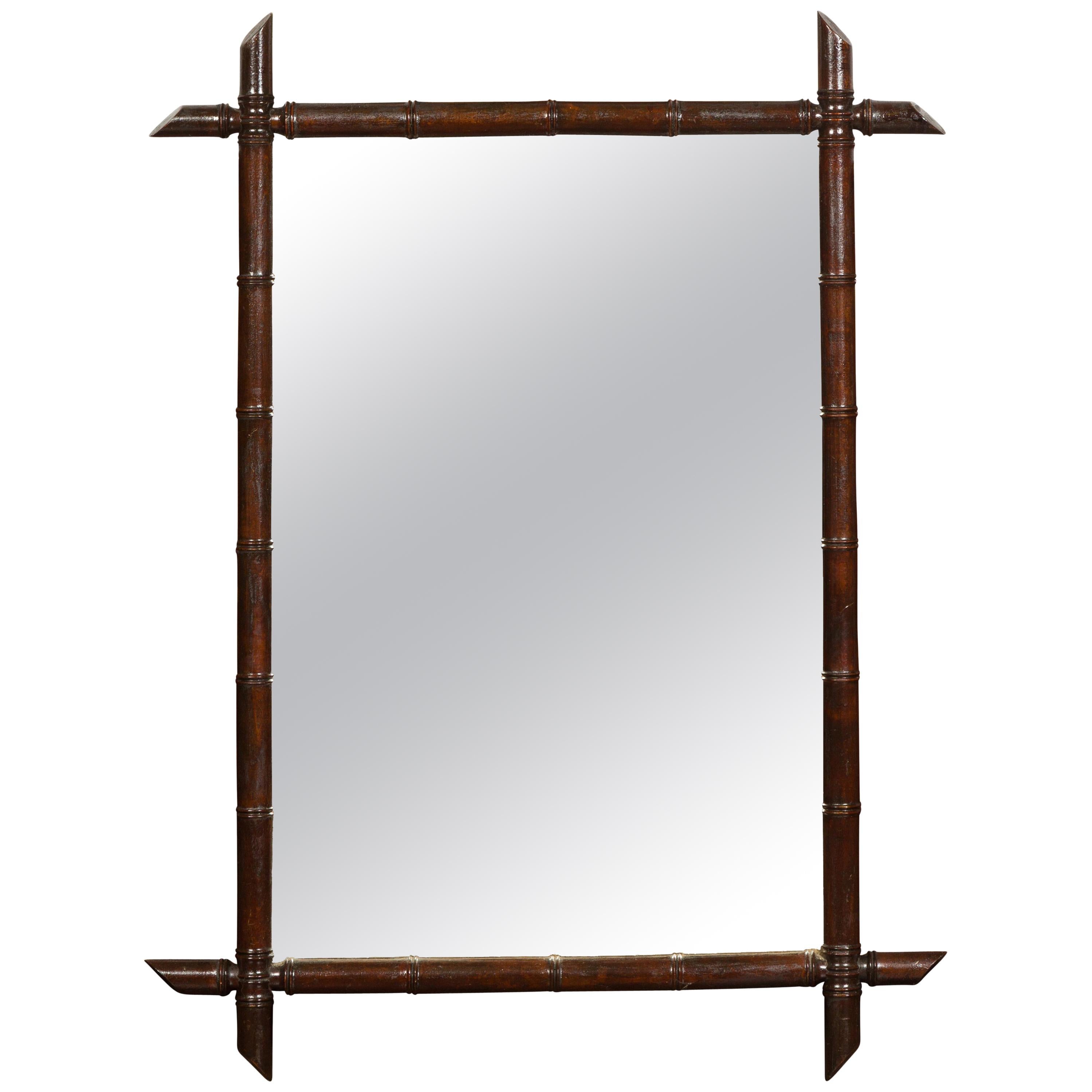 French Turn of the Century Faux Bamboo Mirror with Dark Brown Patina, circa 1900