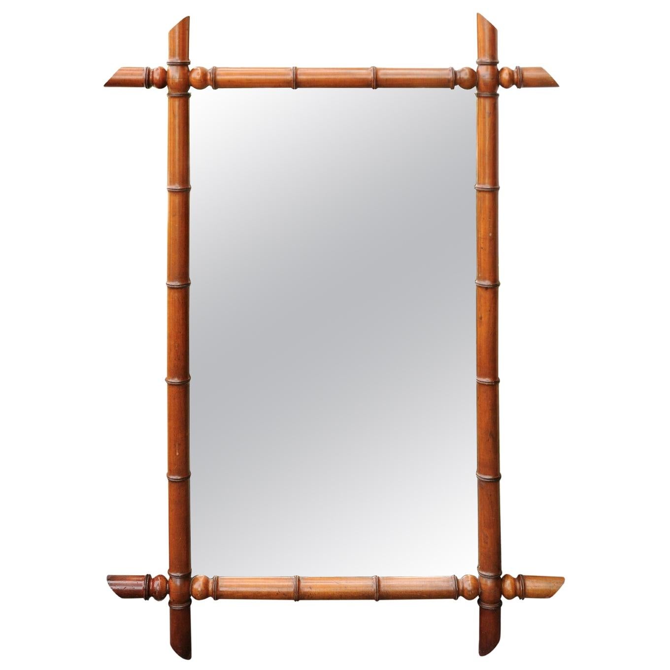 French Turn of the Century Faux Bamboo Mirror with Protruding Corners, 1900s
