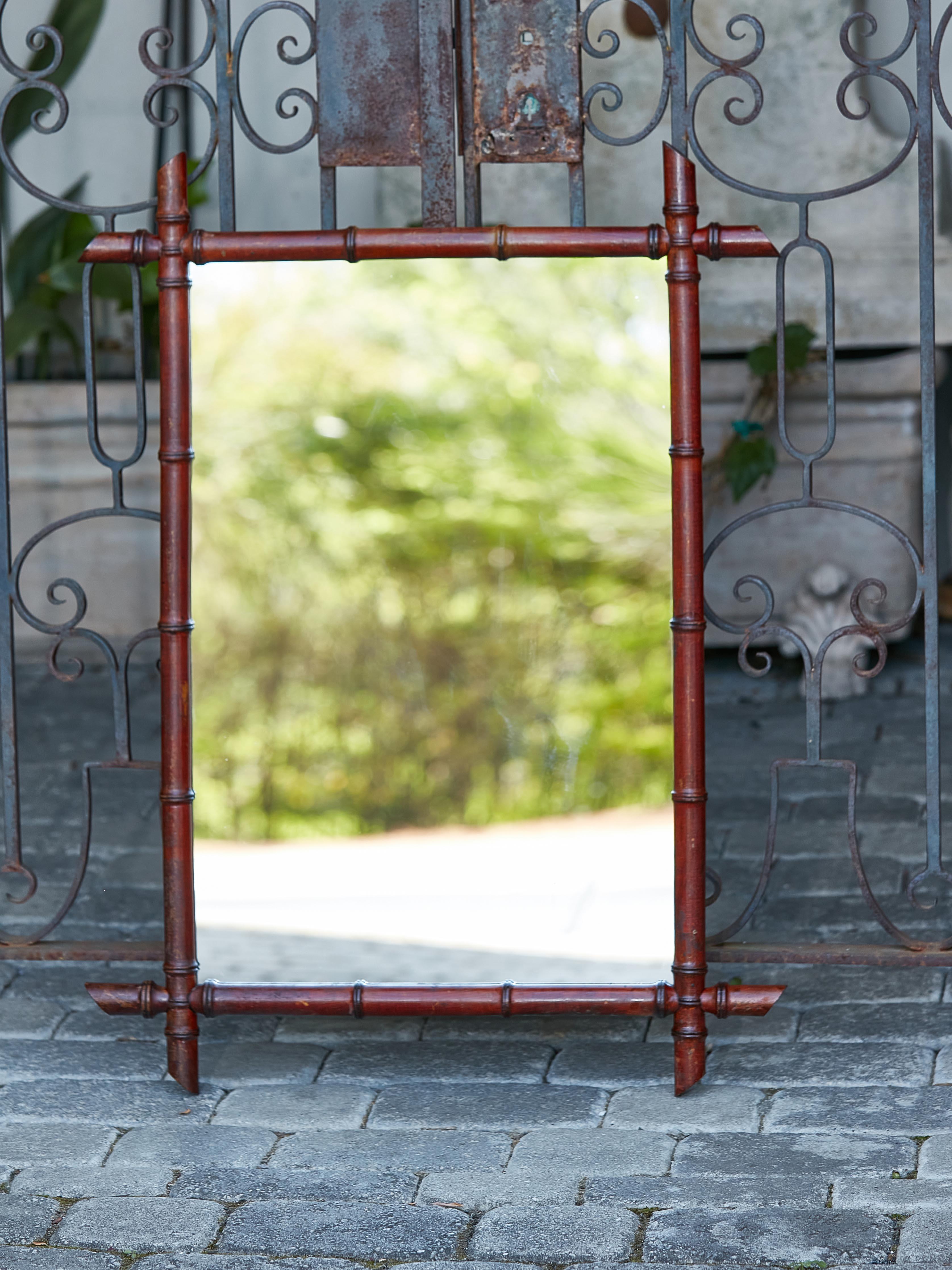 Rustic French Turn of the Century Faux Bamboo Mirror with Slanted Accents, circa 1900 For Sale