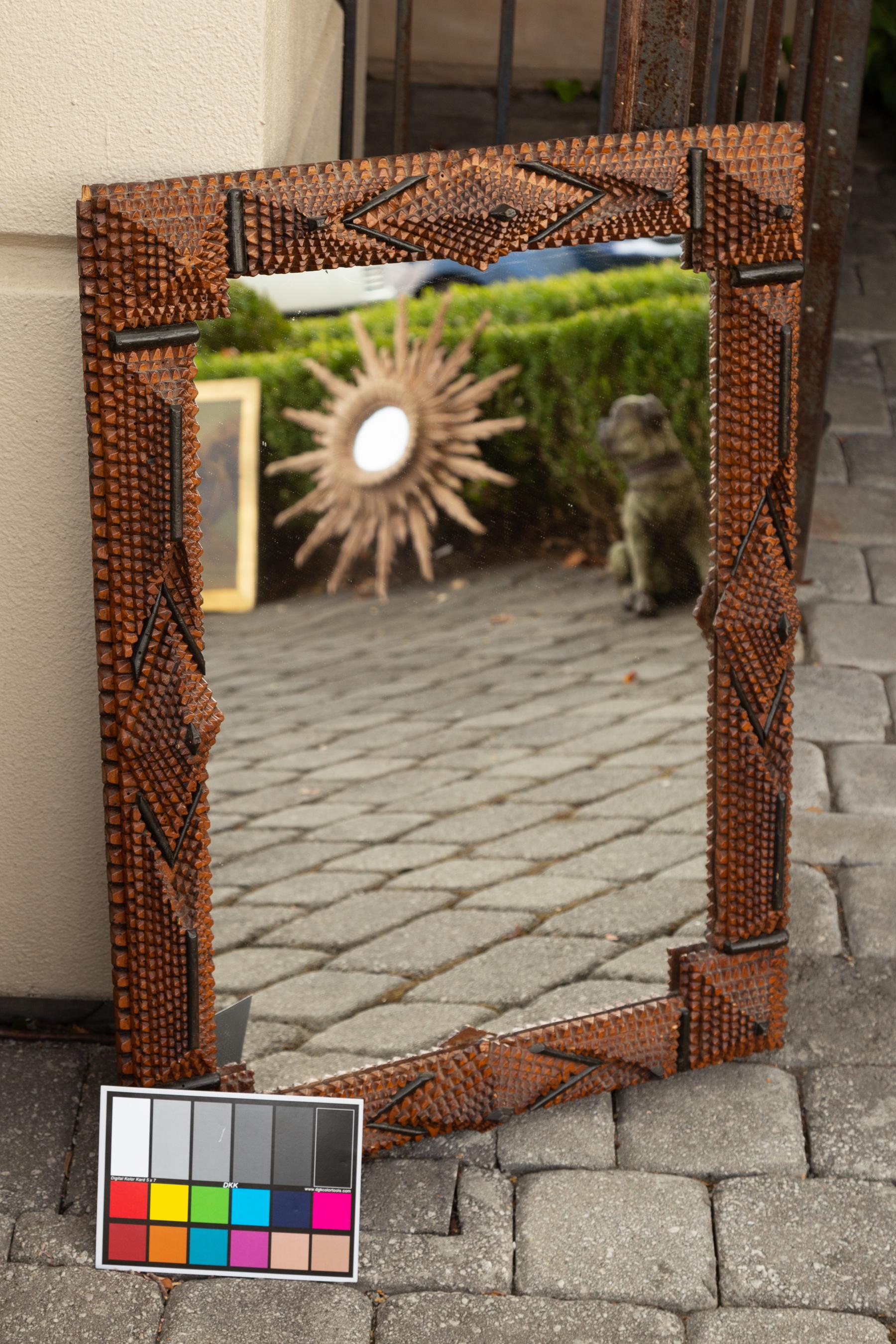 French Turn of the Century Hand Carved Tramp Art Folk Mirror with Diamond Motifs 8