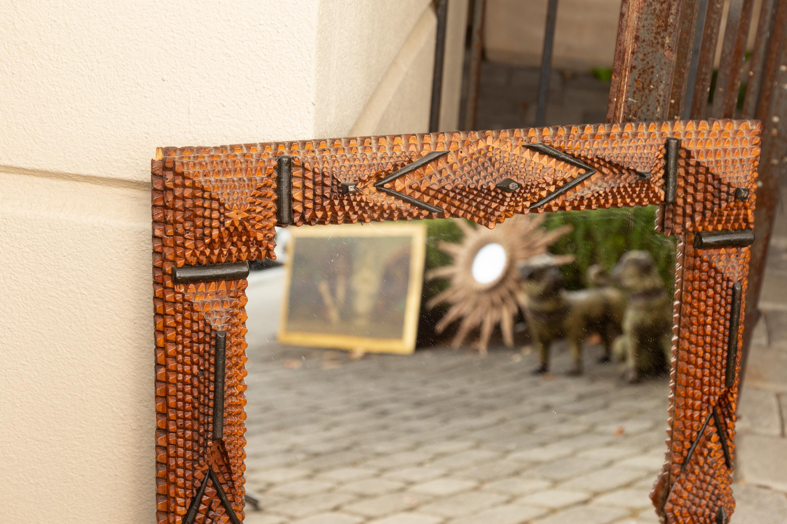 Folk Art French Turn of the Century Hand Carved Tramp Art Folk Mirror with Diamond Motifs