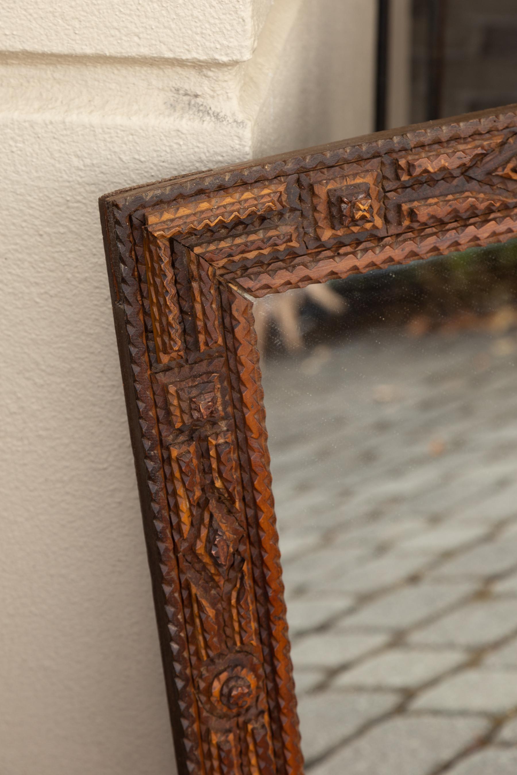 Folk Art French Turn of the Century Hand Carved Tramp Art Folk Mirror with Raised Motifs